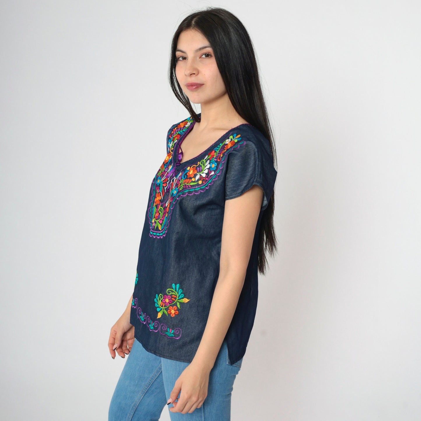 Y2K Chambray Embroidered Butterfly Floral Lace-Up Top Dark Blue Small