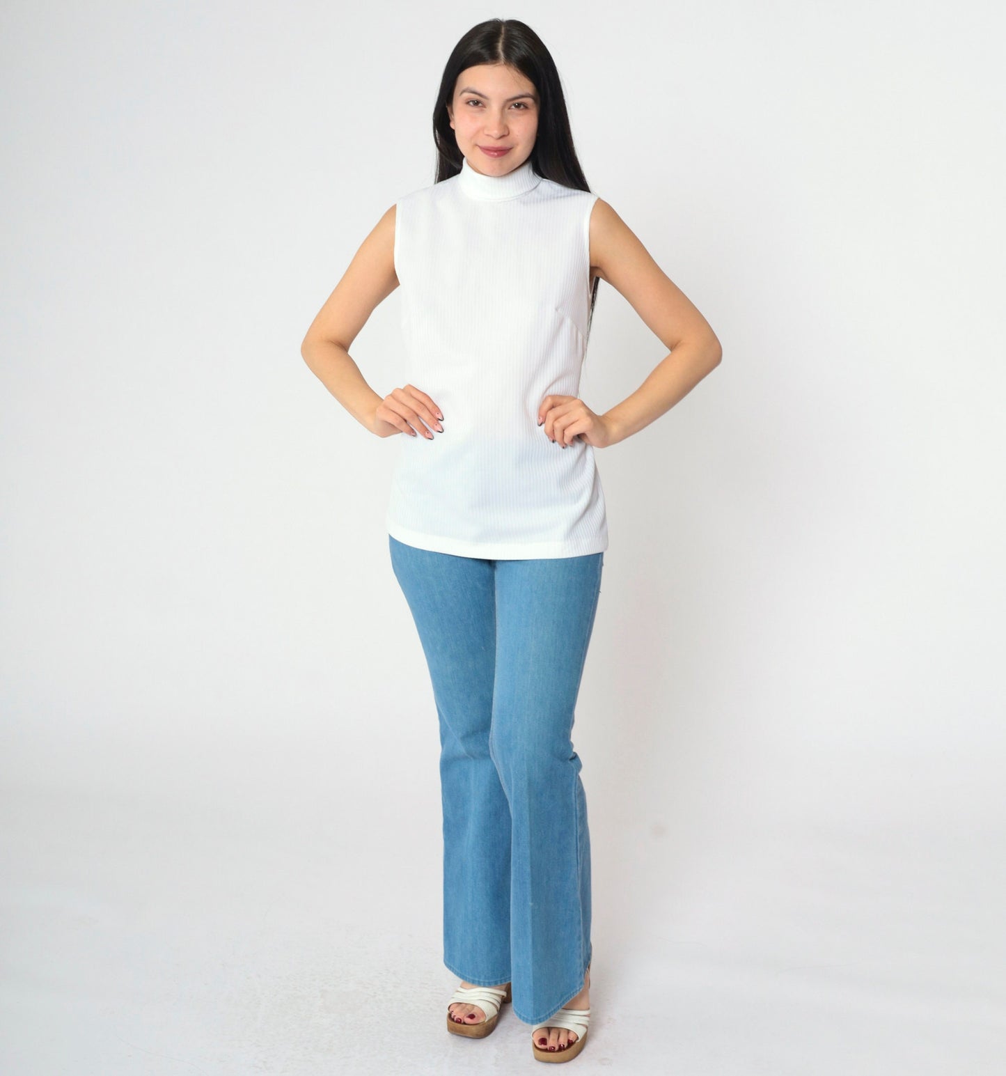 70s White Ribbed Polyester Sleeveless Turtleneck Tank Small