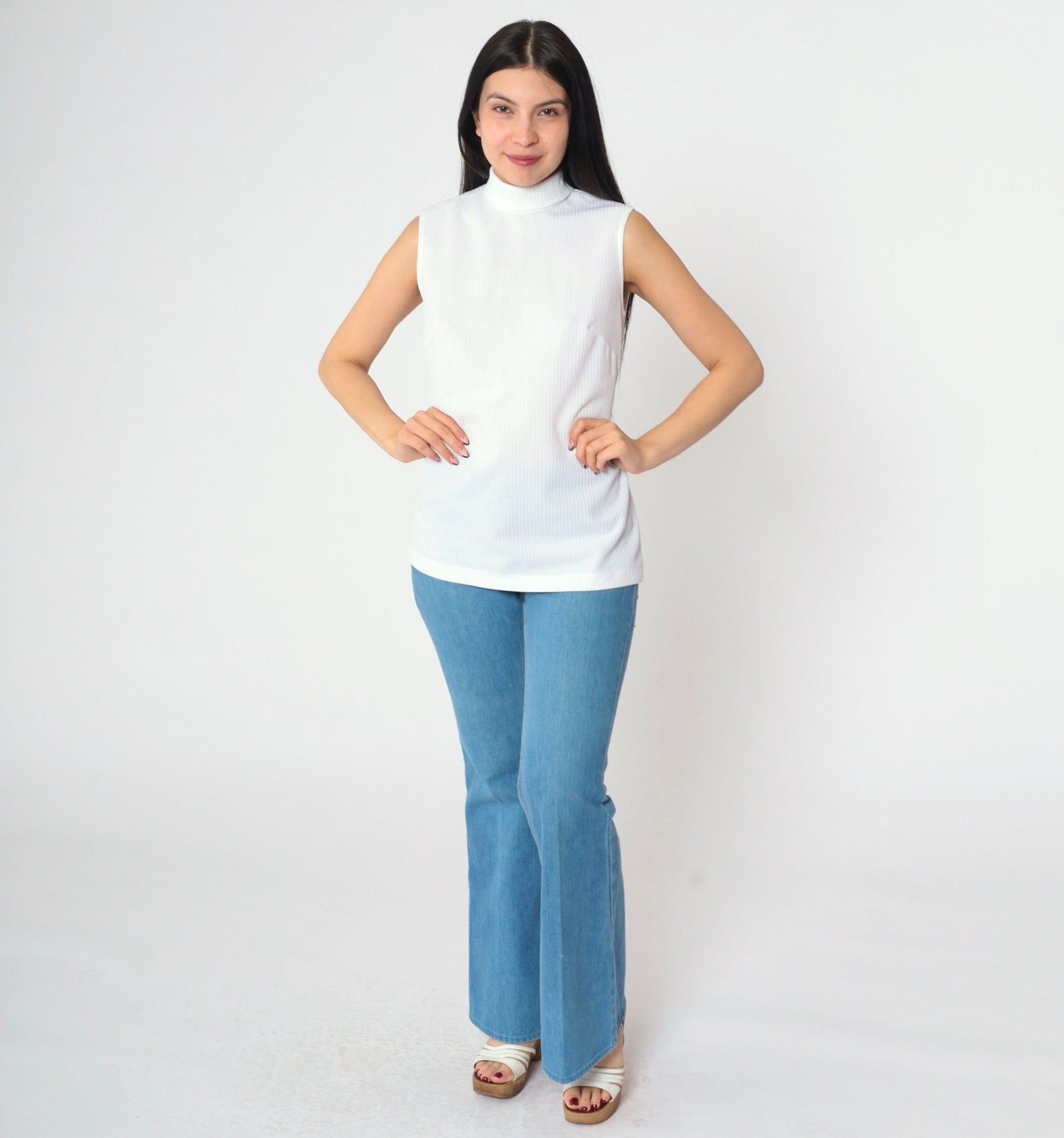 70s White Ribbed Polyester Sleeveless Turtleneck Tank Small