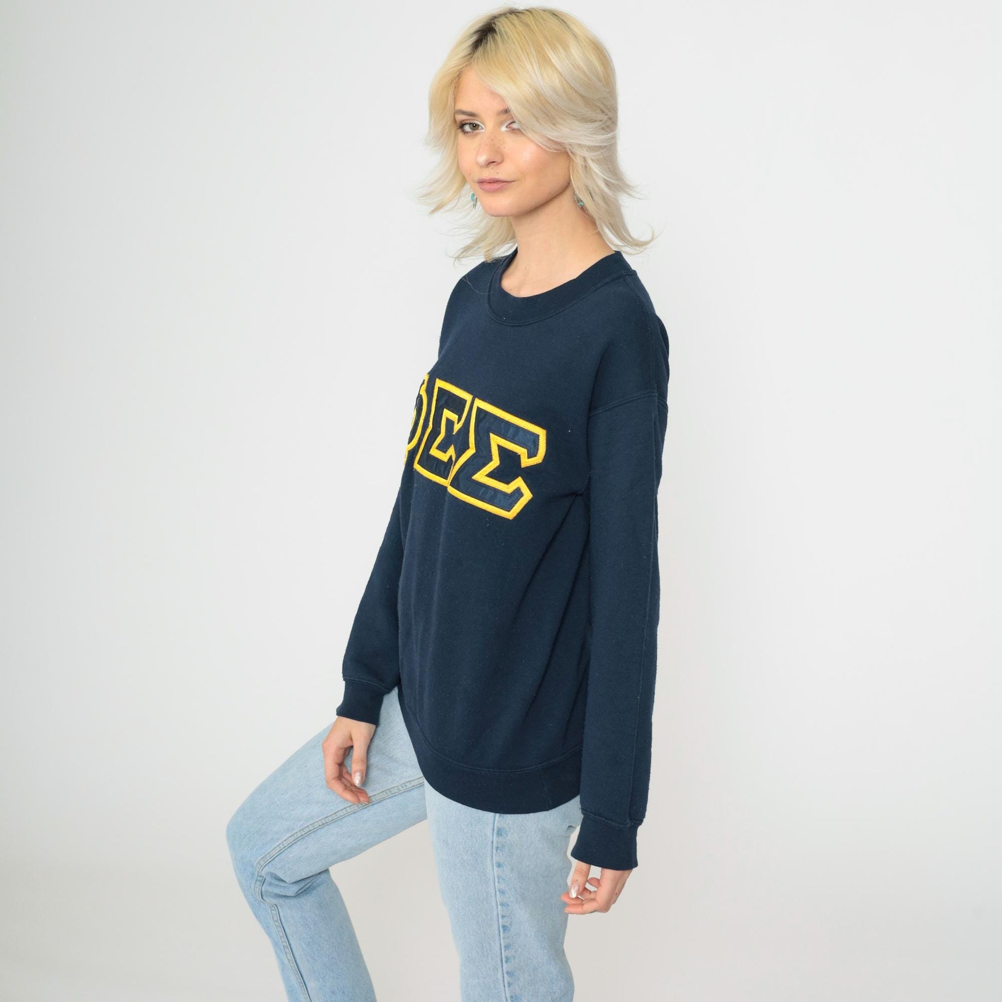 90s Phi Sigma Sigma Sorority Sweatshirt Navy Gold Greek Letters Small