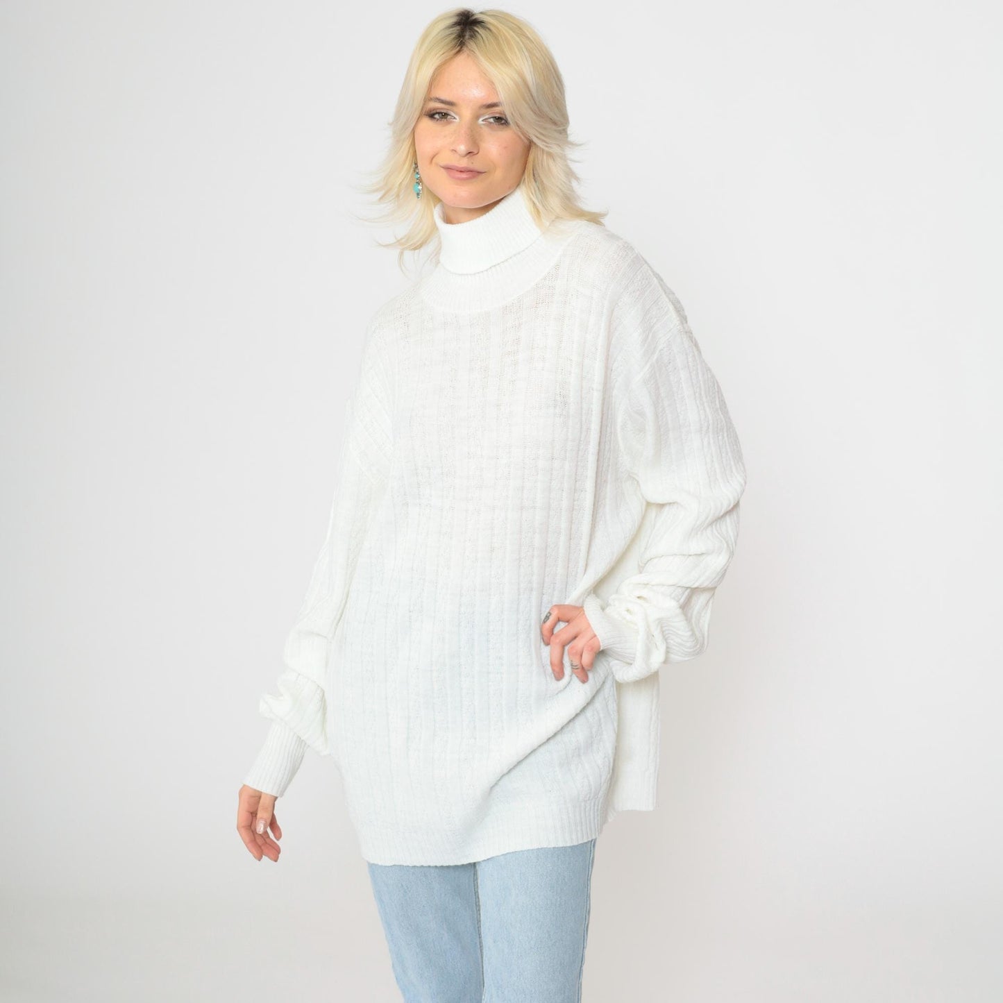 80s White Cable Knit Turtleneck Sweater Pullover Extra Large Long
