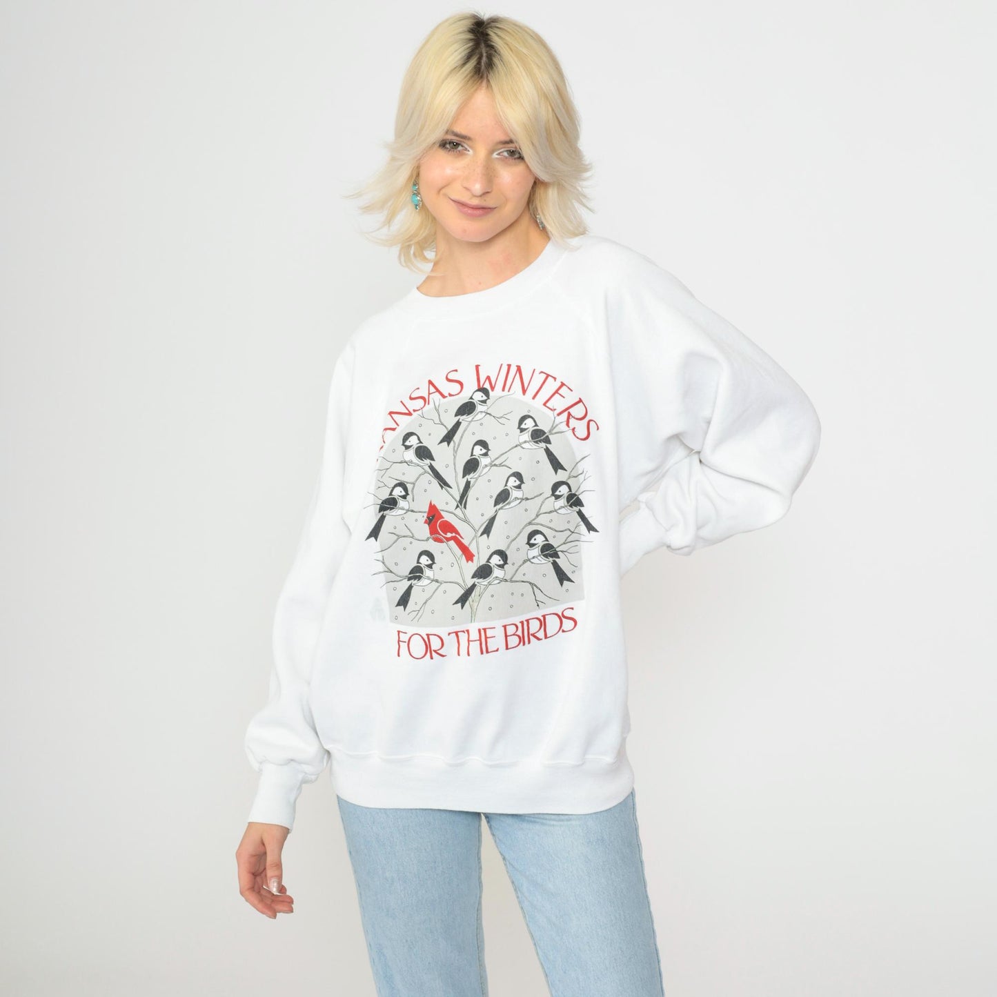 90s Kansas Winter Bird Graphic Sweatshirt White Crewneck Large