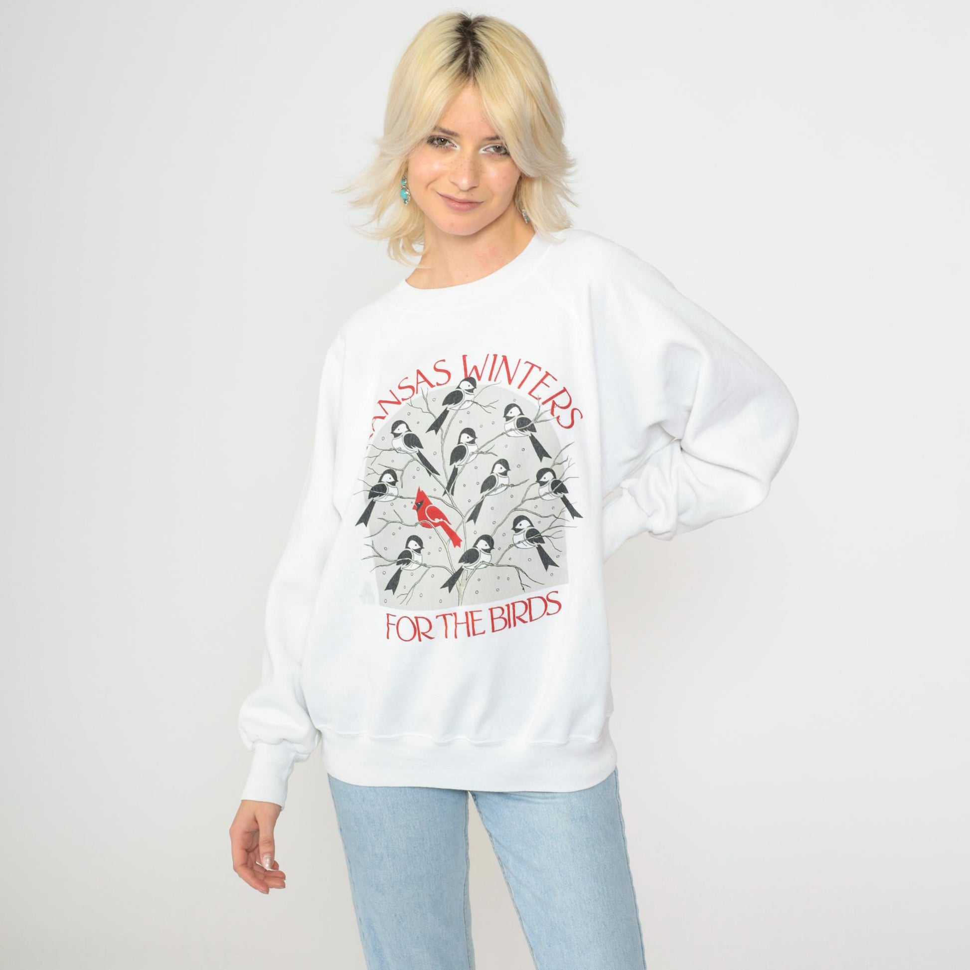 90s Kansas Winter Bird Graphic Sweatshirt White Crewneck Large