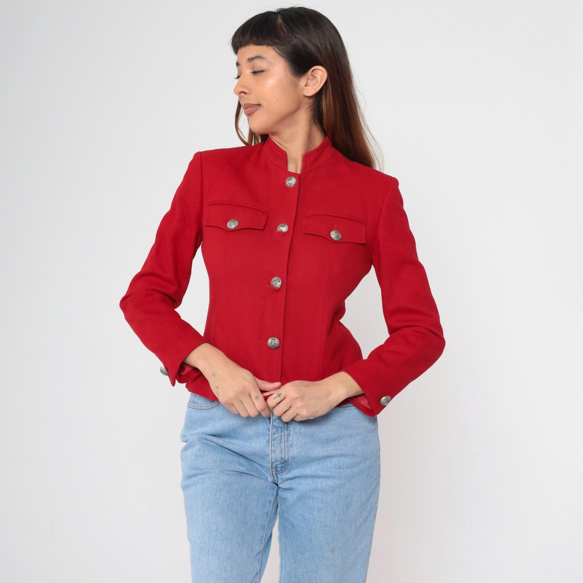 90s Red Wool Blazer Mandarin Collar Tailored Jacket Extra Small