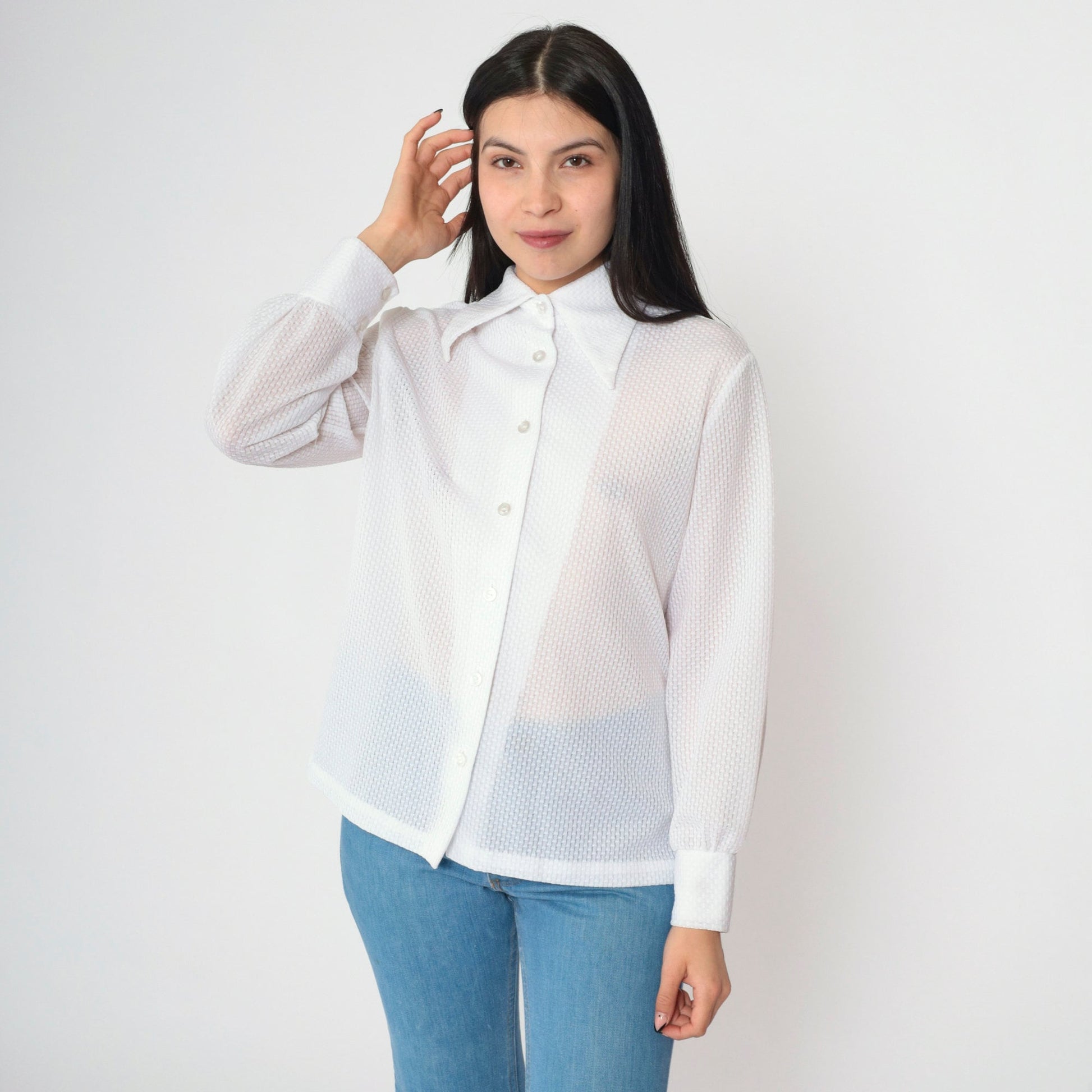 70s White Textured Disco Collar Button-Down Blouse Long Sleeve Medium Large