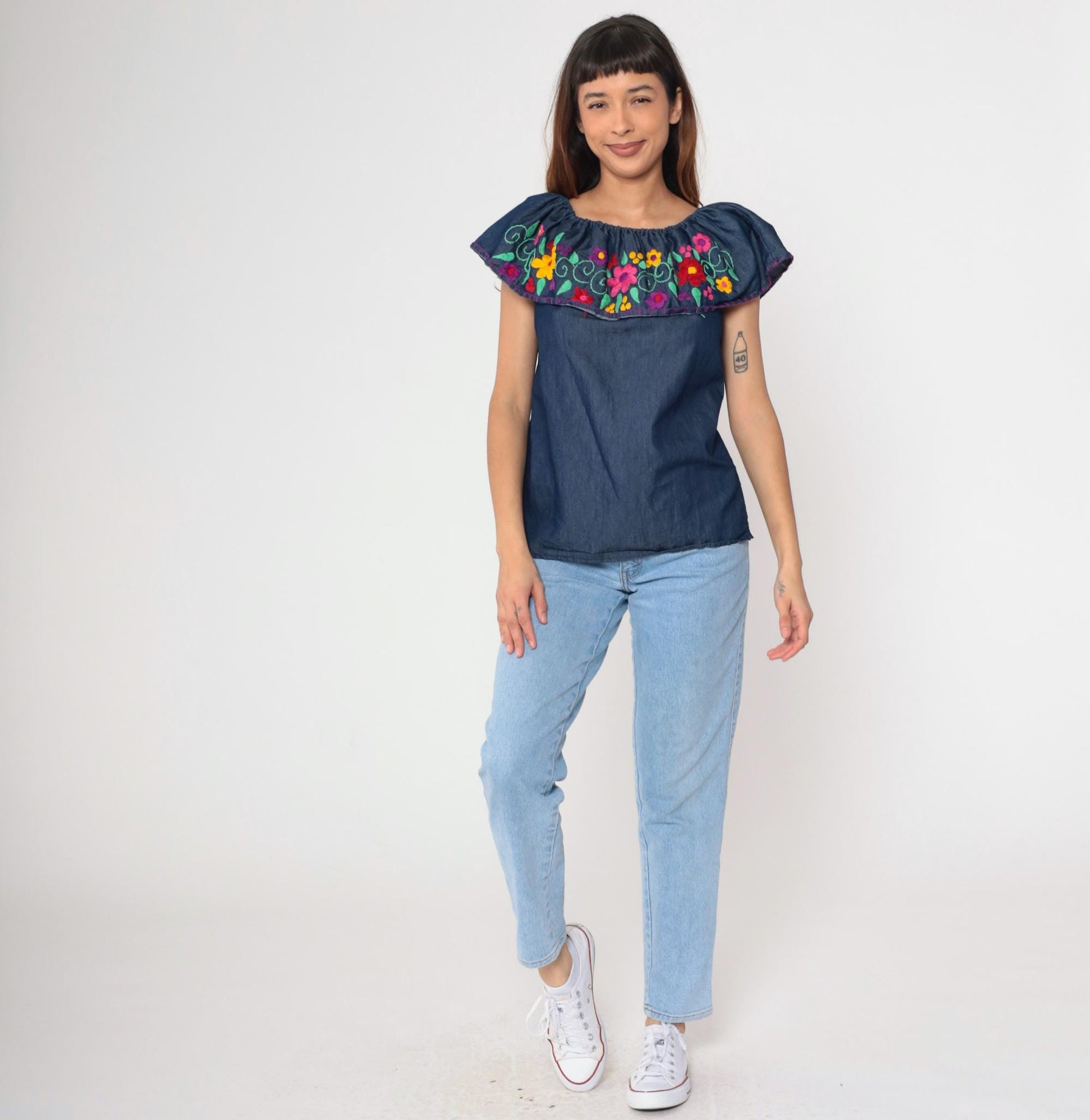 90s Mexican Chambray Blouse Embroidered Floral Elastic Neckline Tunic Medium