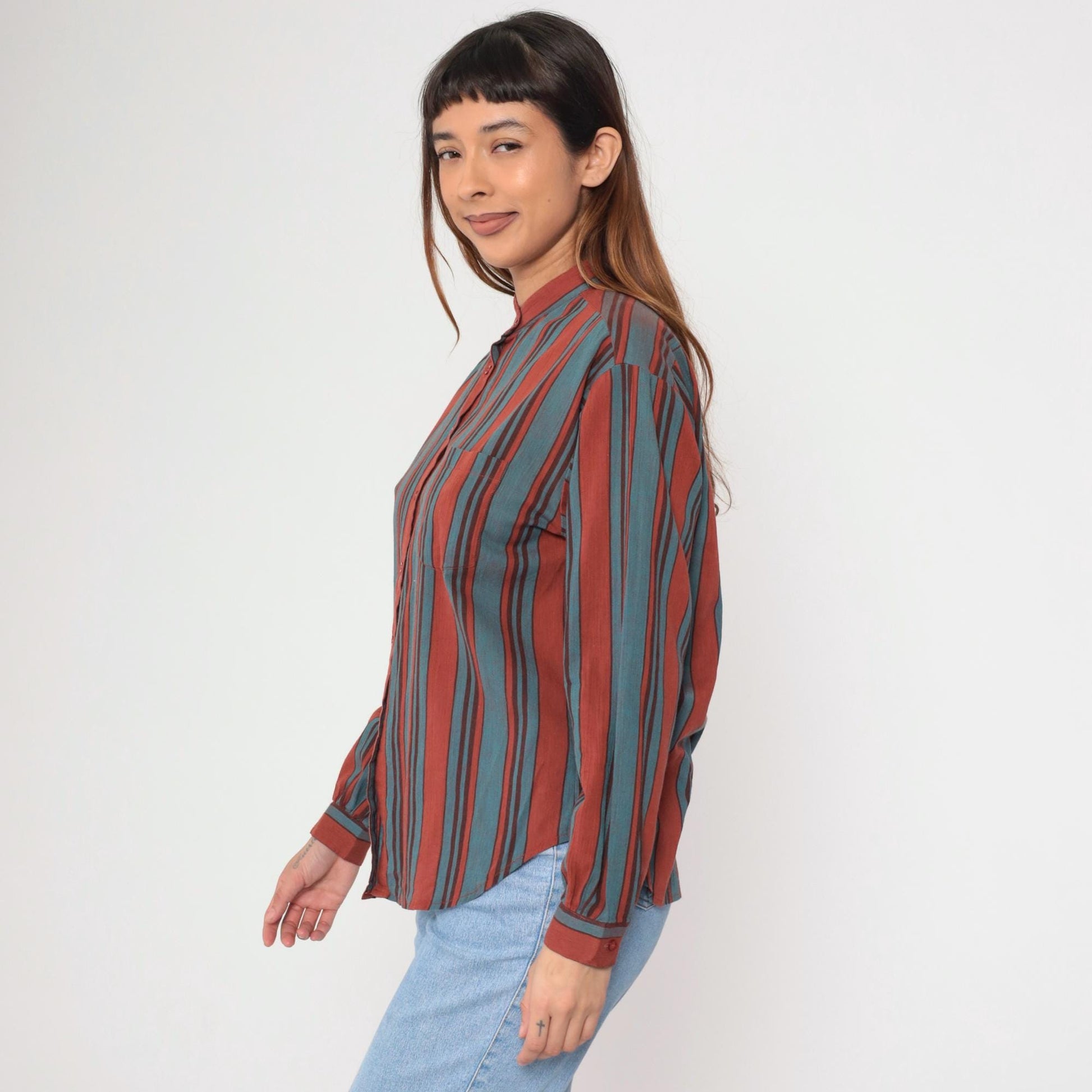 80s Lady Manhattan Striped Button-Up Blouse Rust Red Turquoise Mandarin Collar Large