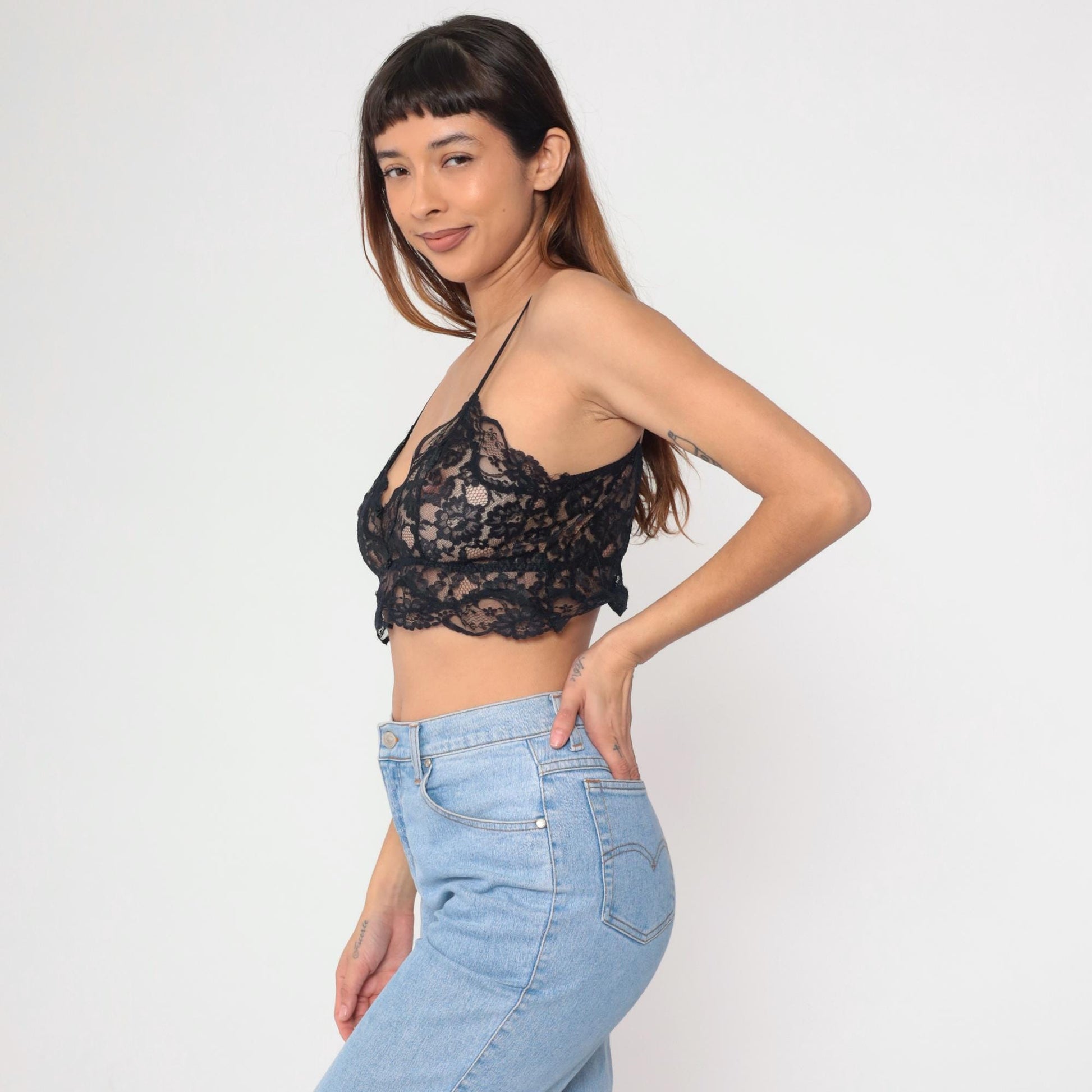 90s Victoria's Secret Black Lace Crop Cami Spaghetti Strap Medium