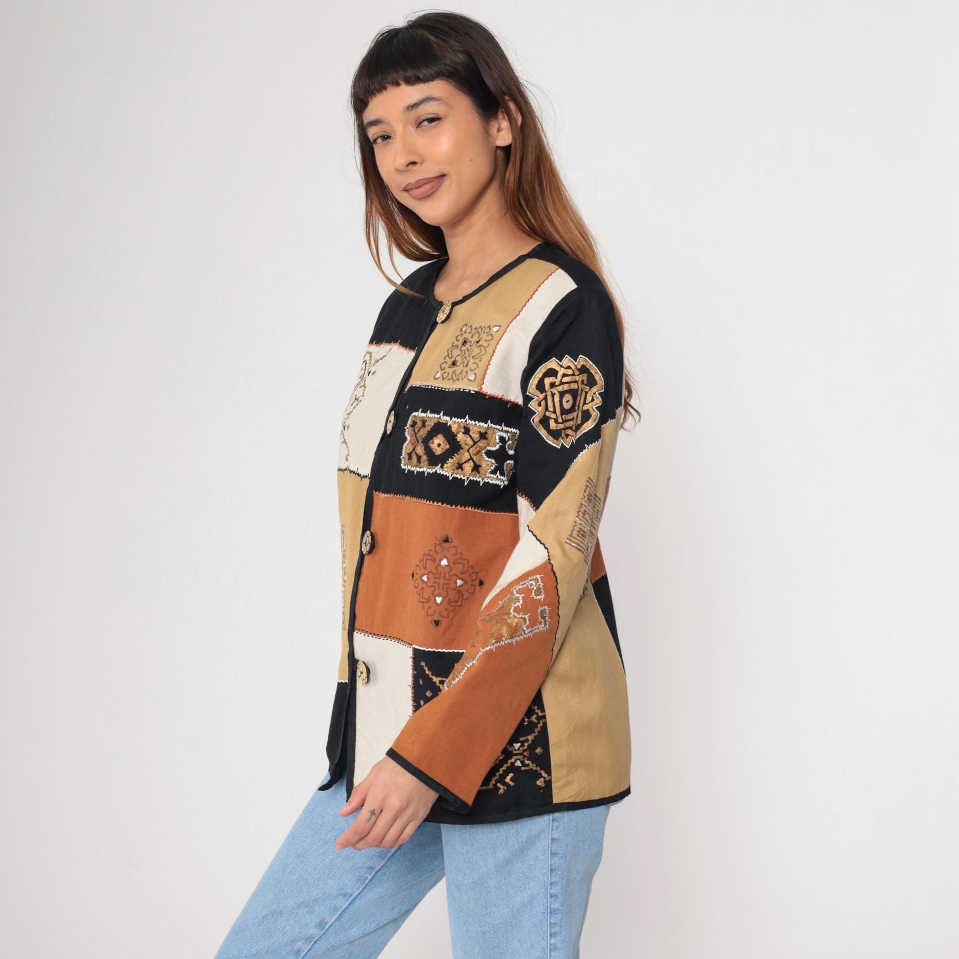 90s Allure Patchwork Geometric Blazer Metallic Tan Black Burnt Orange Medium