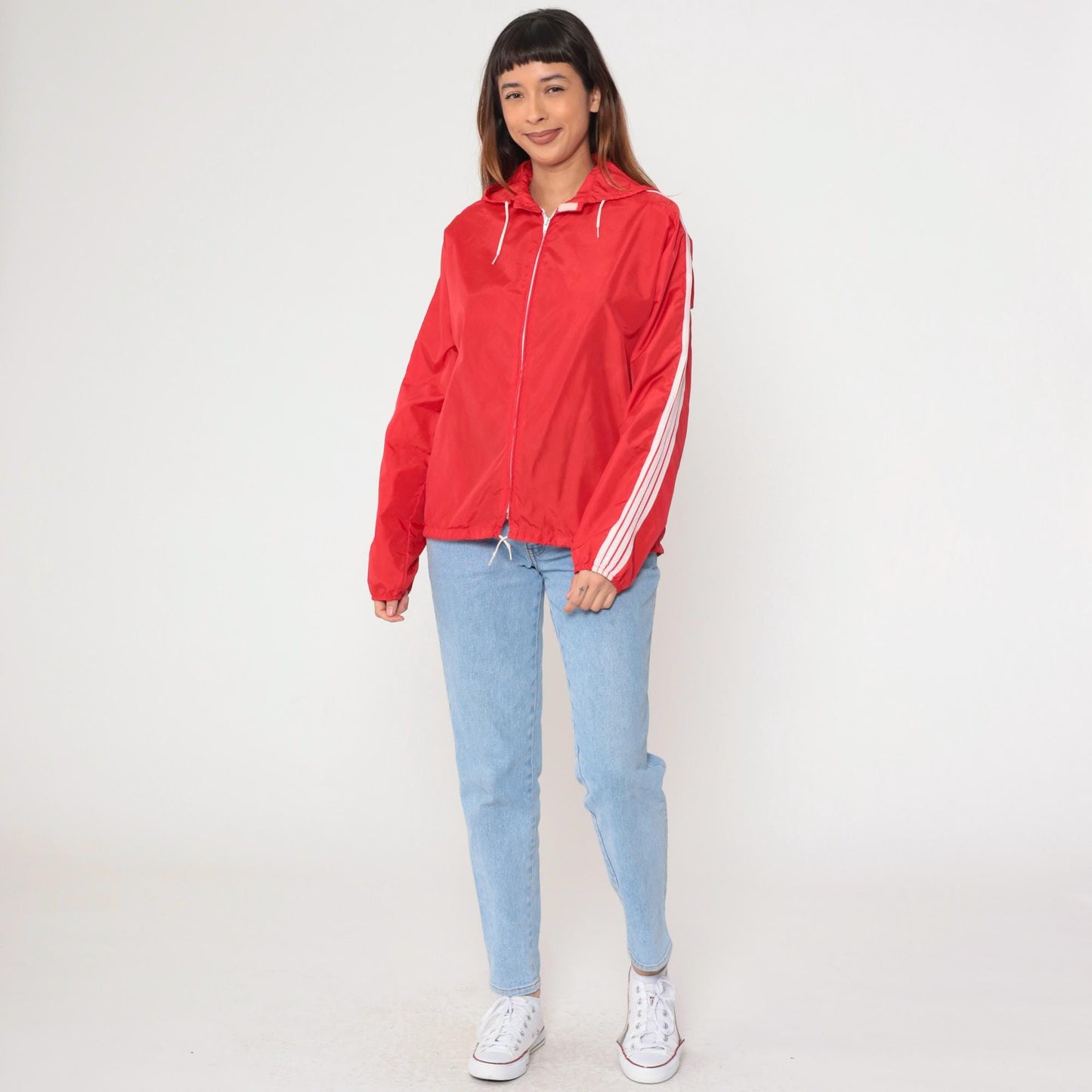 90s SUB4 Red Nylon Windbreaker Hooded Jacket Striped Sleeves Medium