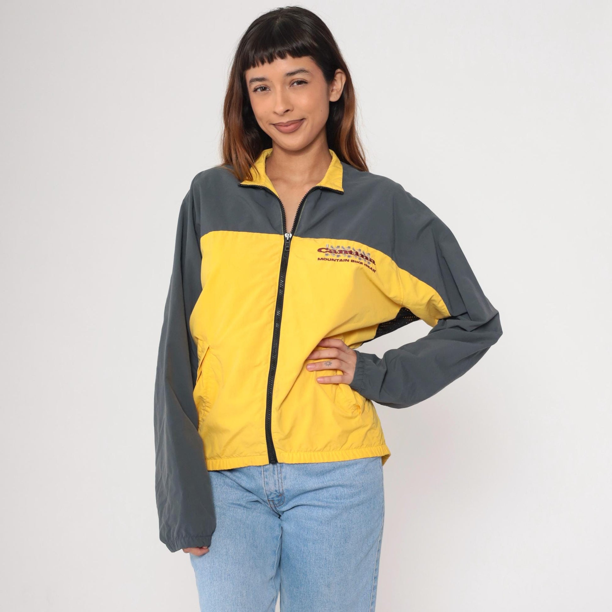 90s Cantina Mountain Bike Windbreaker Yellow Gray Color Block Large L