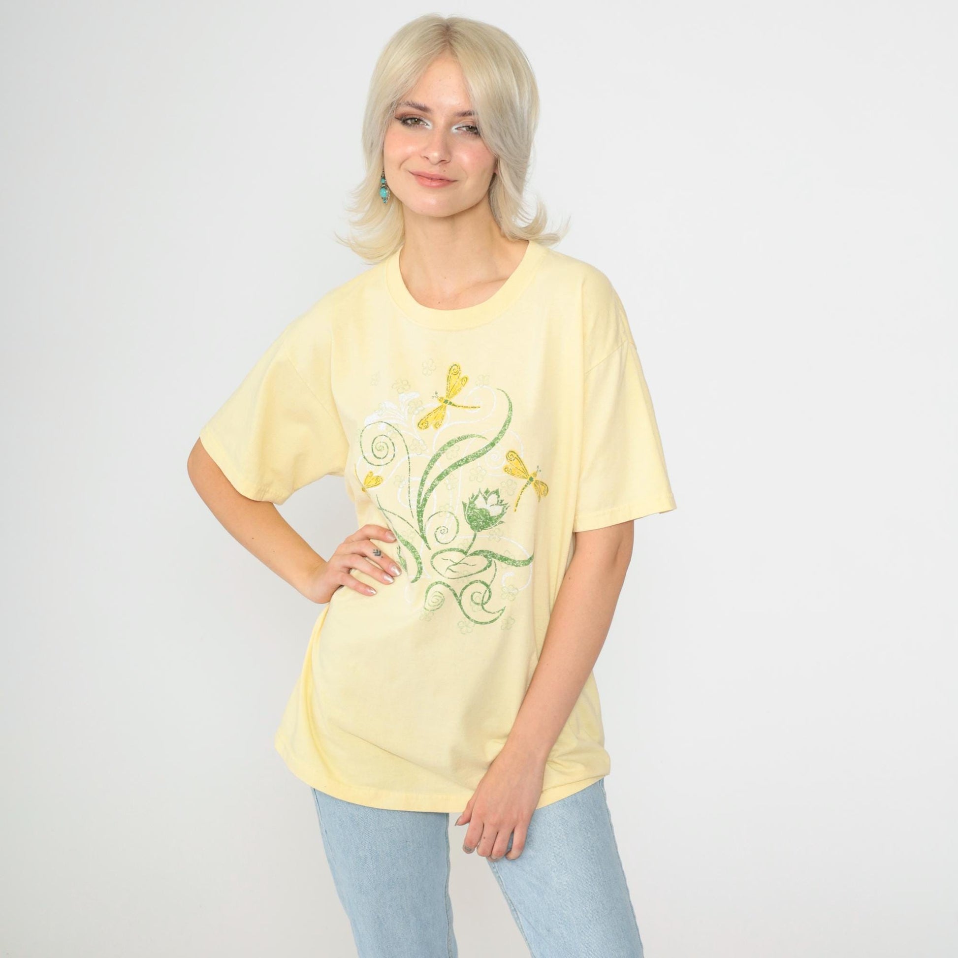 Y2K Dragonfly Floral Graphic Tee Yellow Short Sleeve Crewneck Medium