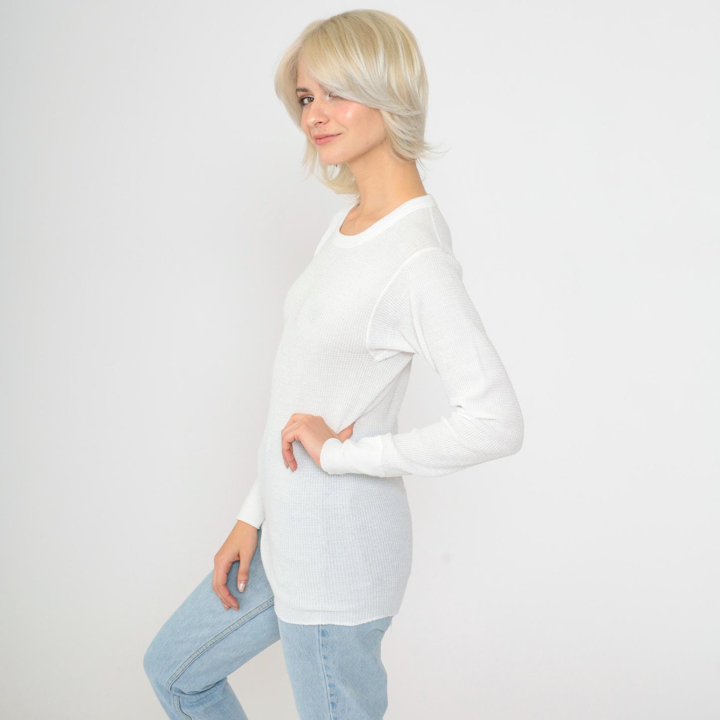 80s White Thermal Waffle Knit Long Sleeve Undershirt Small