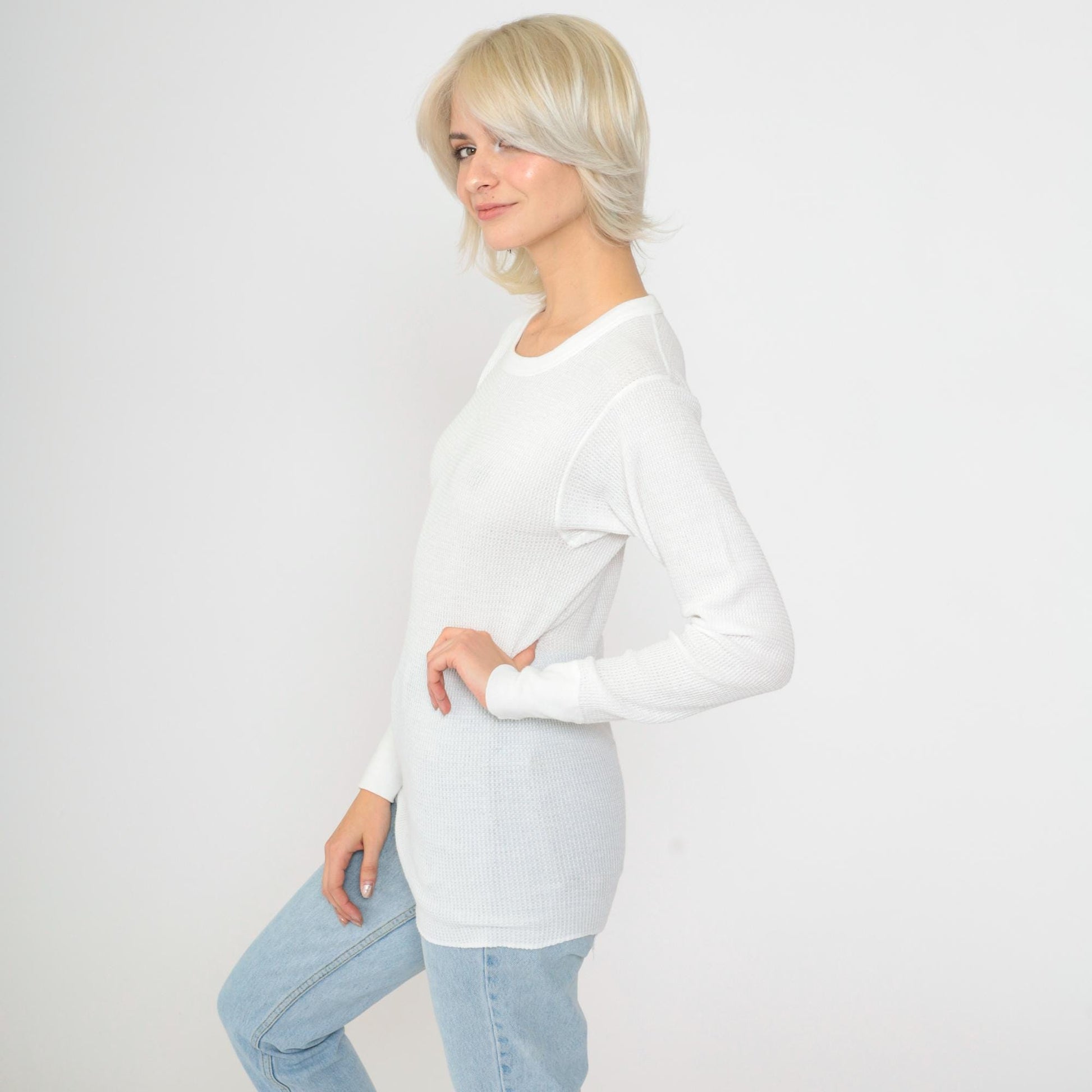80s White Thermal Waffle Knit Long Sleeve Undershirt Small