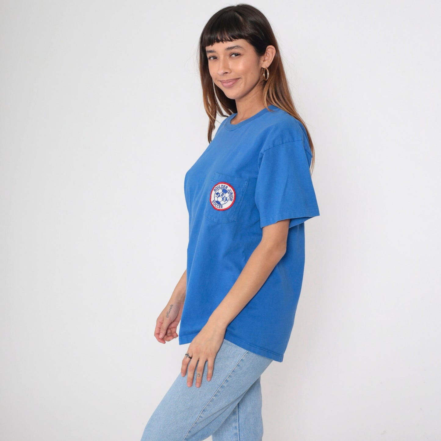 90s Boulder Junior Soccer Patch T-Shirt Blue Cotton Graphic Tee Large L