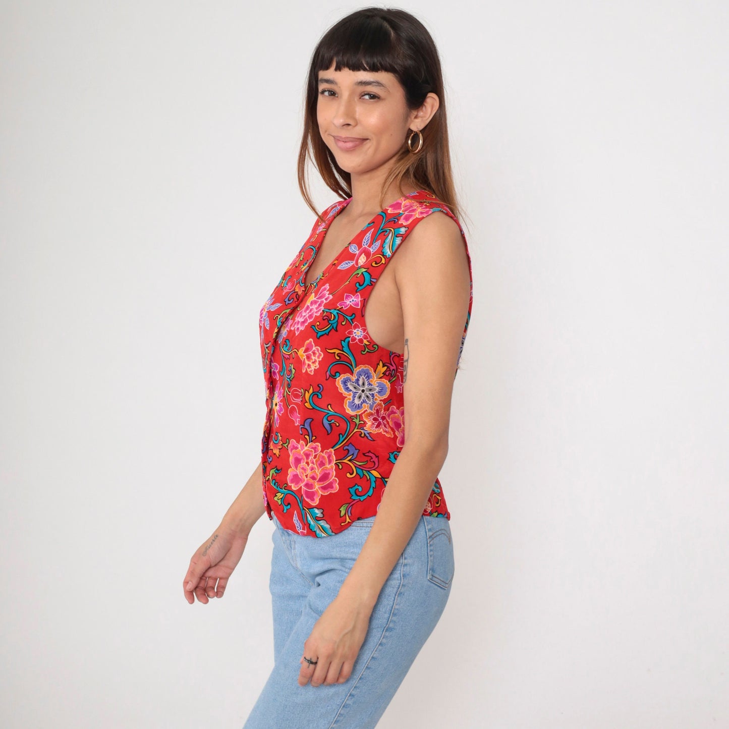 90s Casual Corner Silk Vest Red Floral Print Button Up V Neck Small