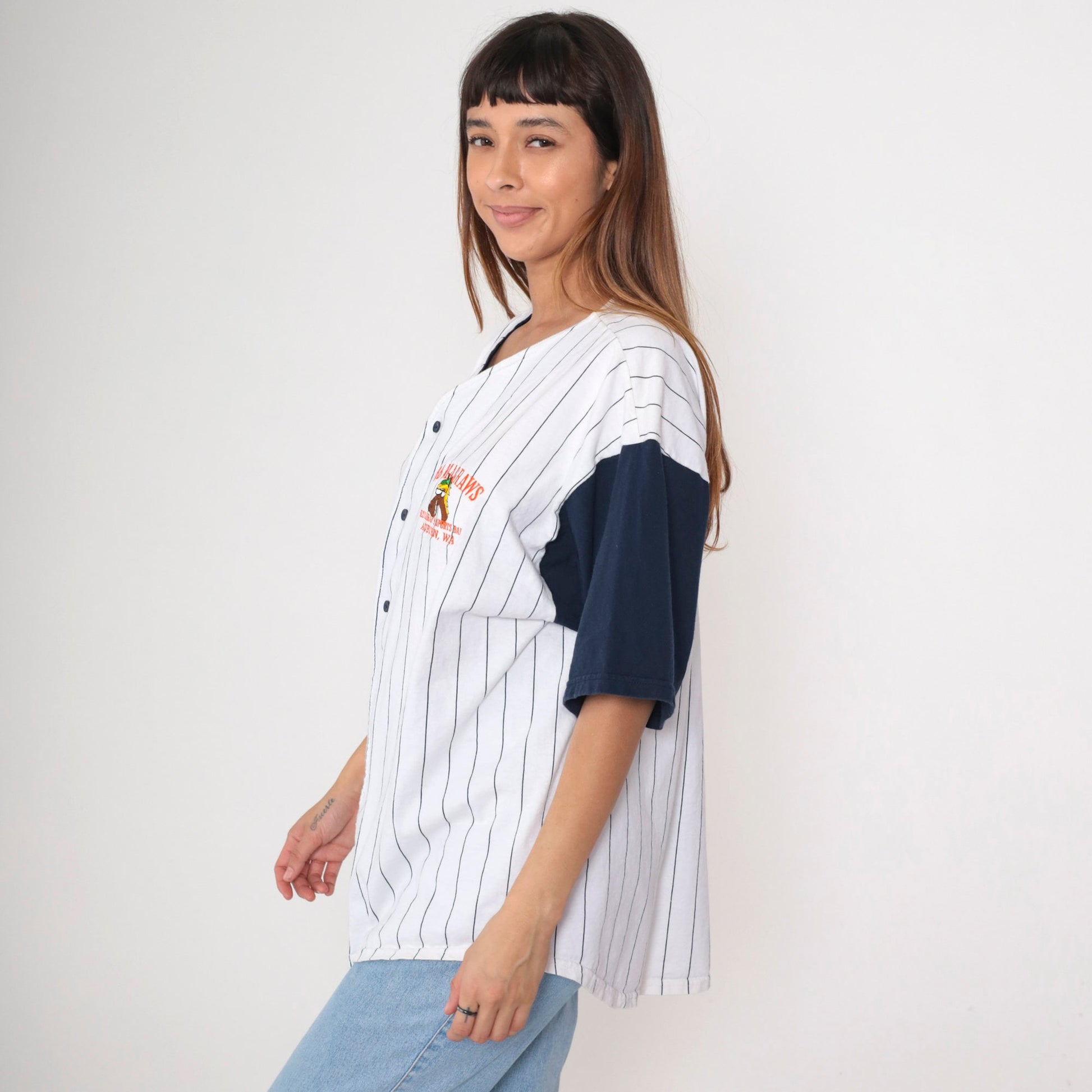 90s BB Magraws Auburn WA Baseball Shirt Navy Pinstripe Cotton Jersey Extra Large
