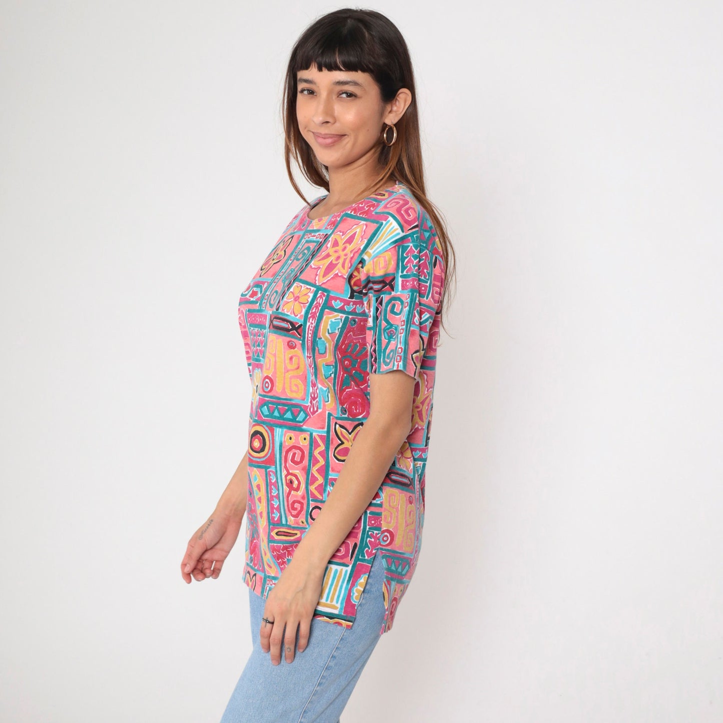 90s Geometric Floral T-Shirt Pink Teal Cotton Blend Medium