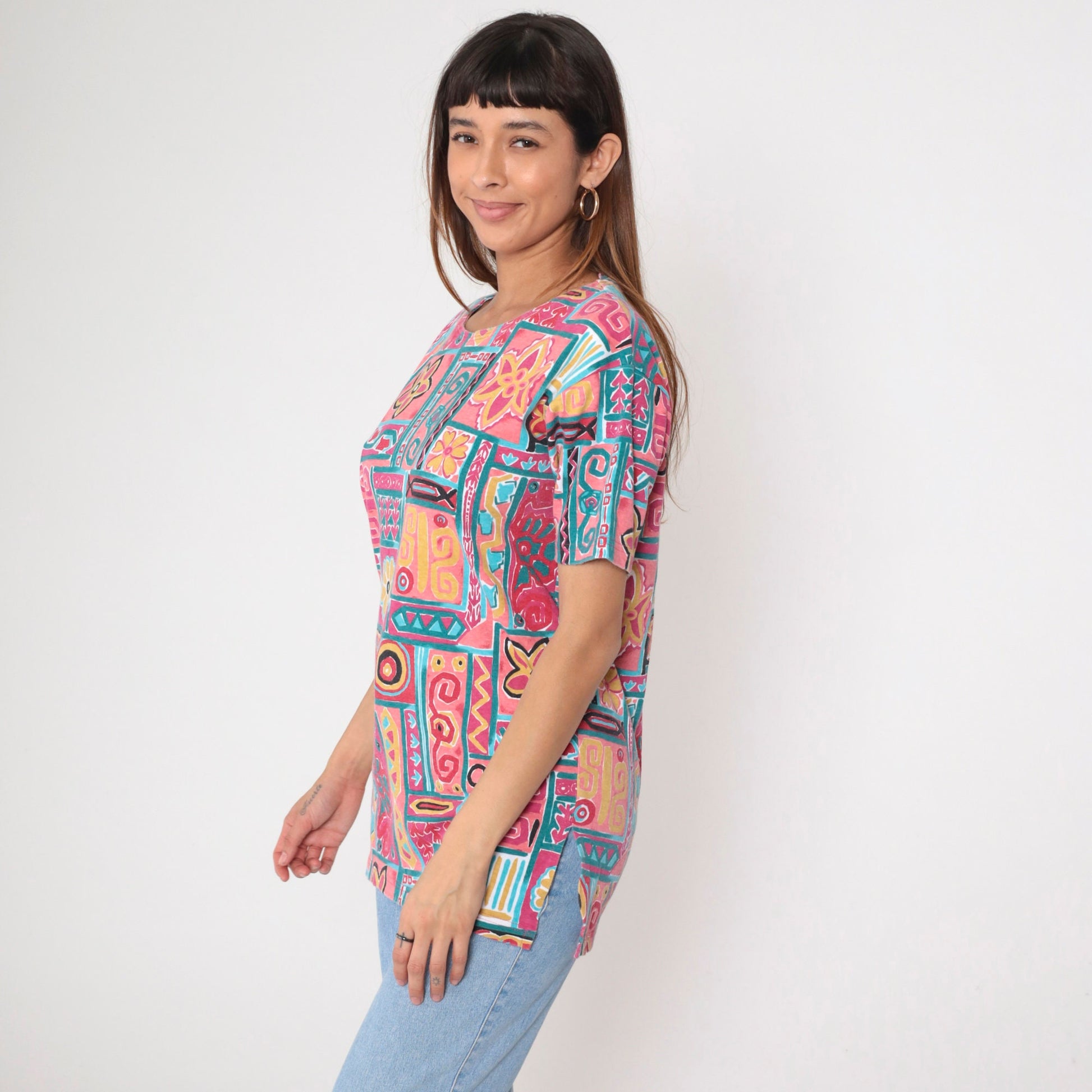90s Geometric Floral T-Shirt Pink Teal Cotton Blend Medium