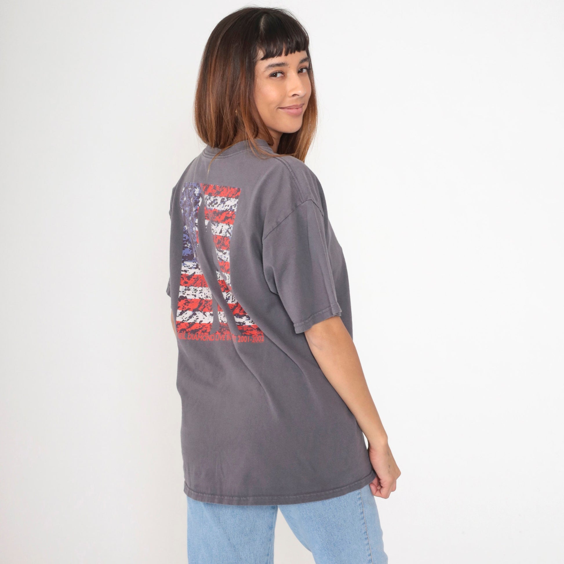 2001 Neil Diamond Concert Tee American Flag Tour Charcoal Grey Large