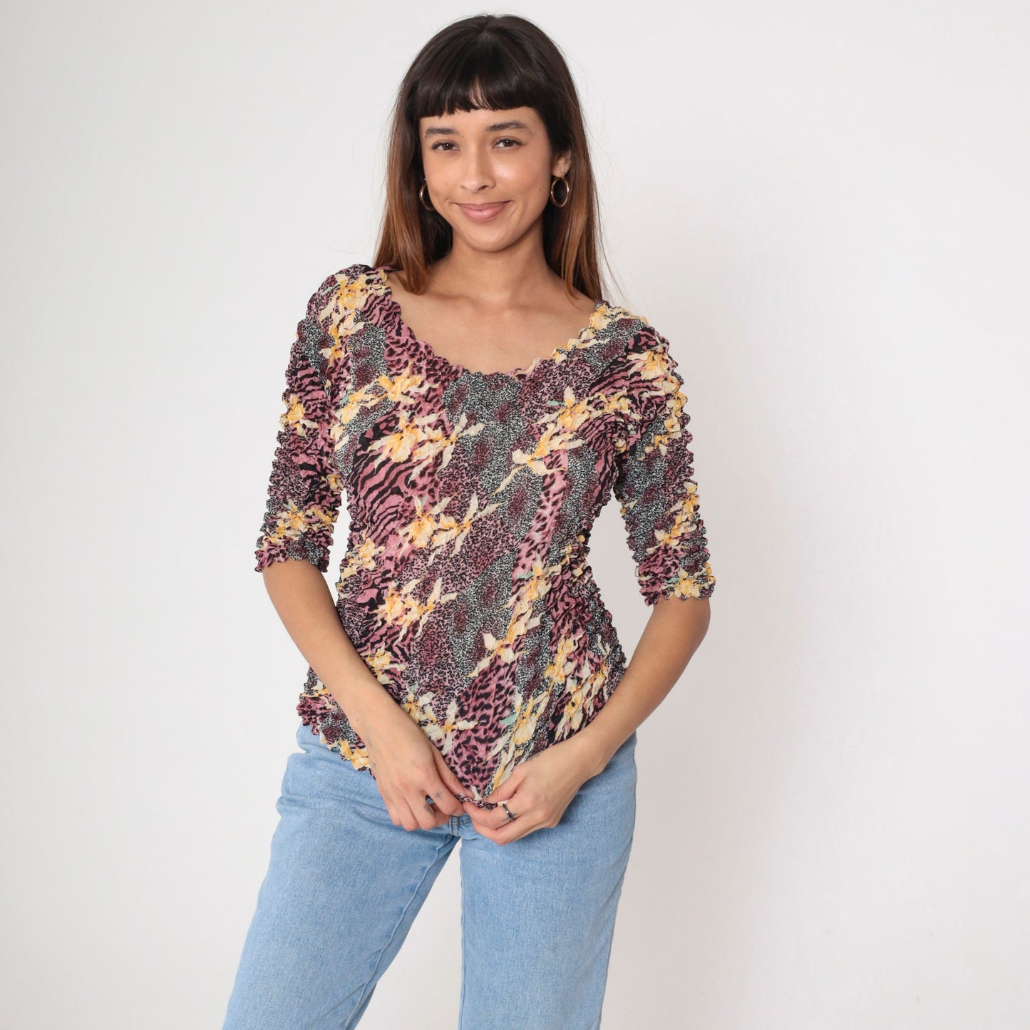 Y2K Popcorn Shirt Floral Animal Print Gold Metallic Textured Blouse Pink Black XS-M