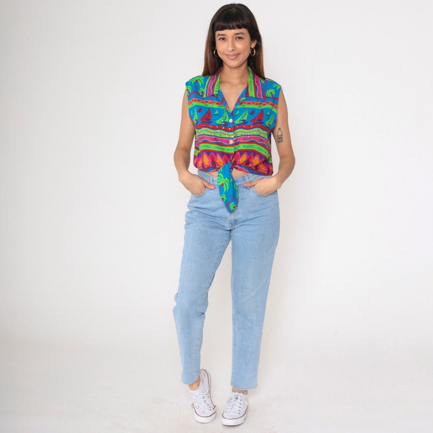 90s Tropical Sequin Tie-Front Blouse Sailboat Beaded Sleeveless Small