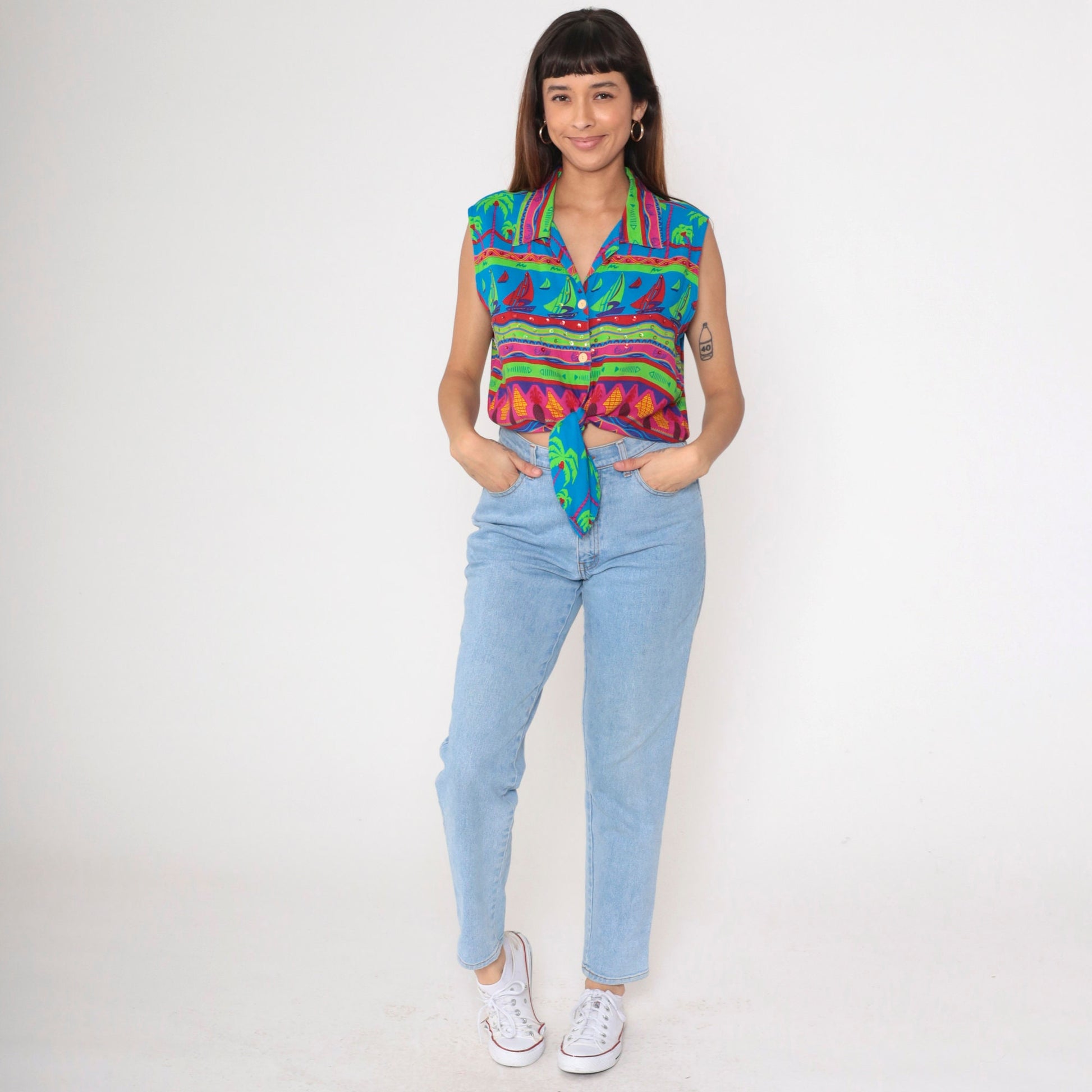 90s Tropical Sequin Tie-Front Blouse Sailboat Beaded Sleeveless Small