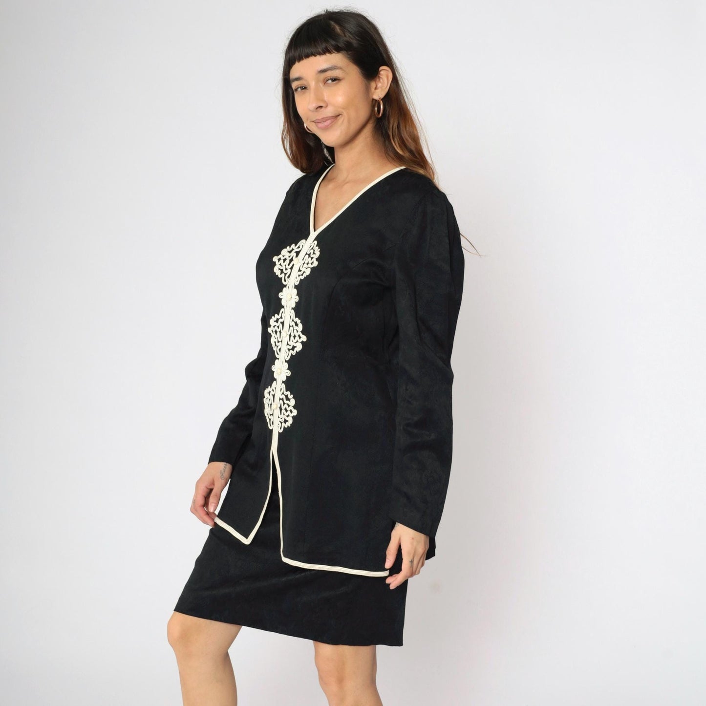 90s Black Mini Dress with Soutache Trim and Attached Jacket Small 6
