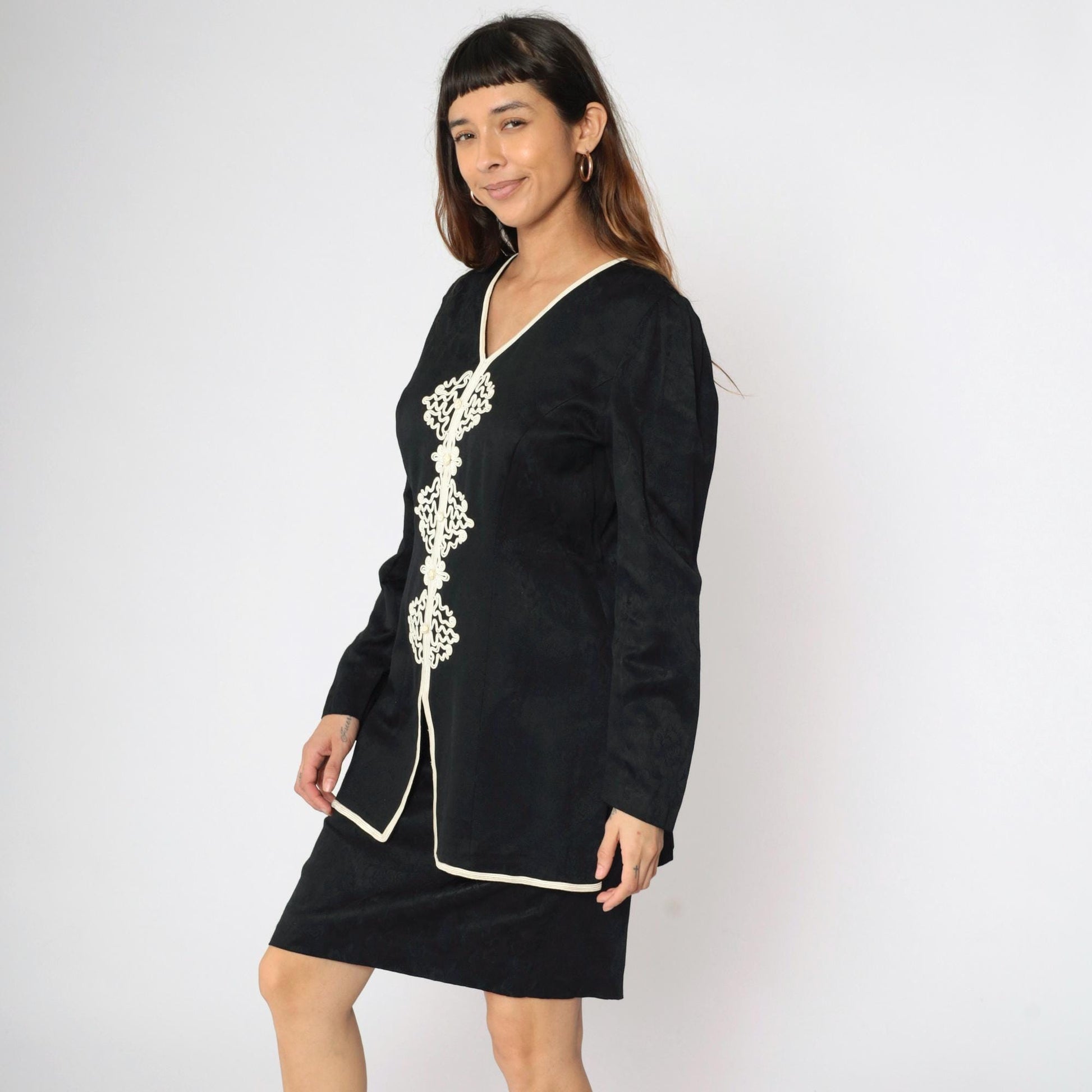 90s Black Mini Dress with Soutache Trim and Attached Jacket Small 6
