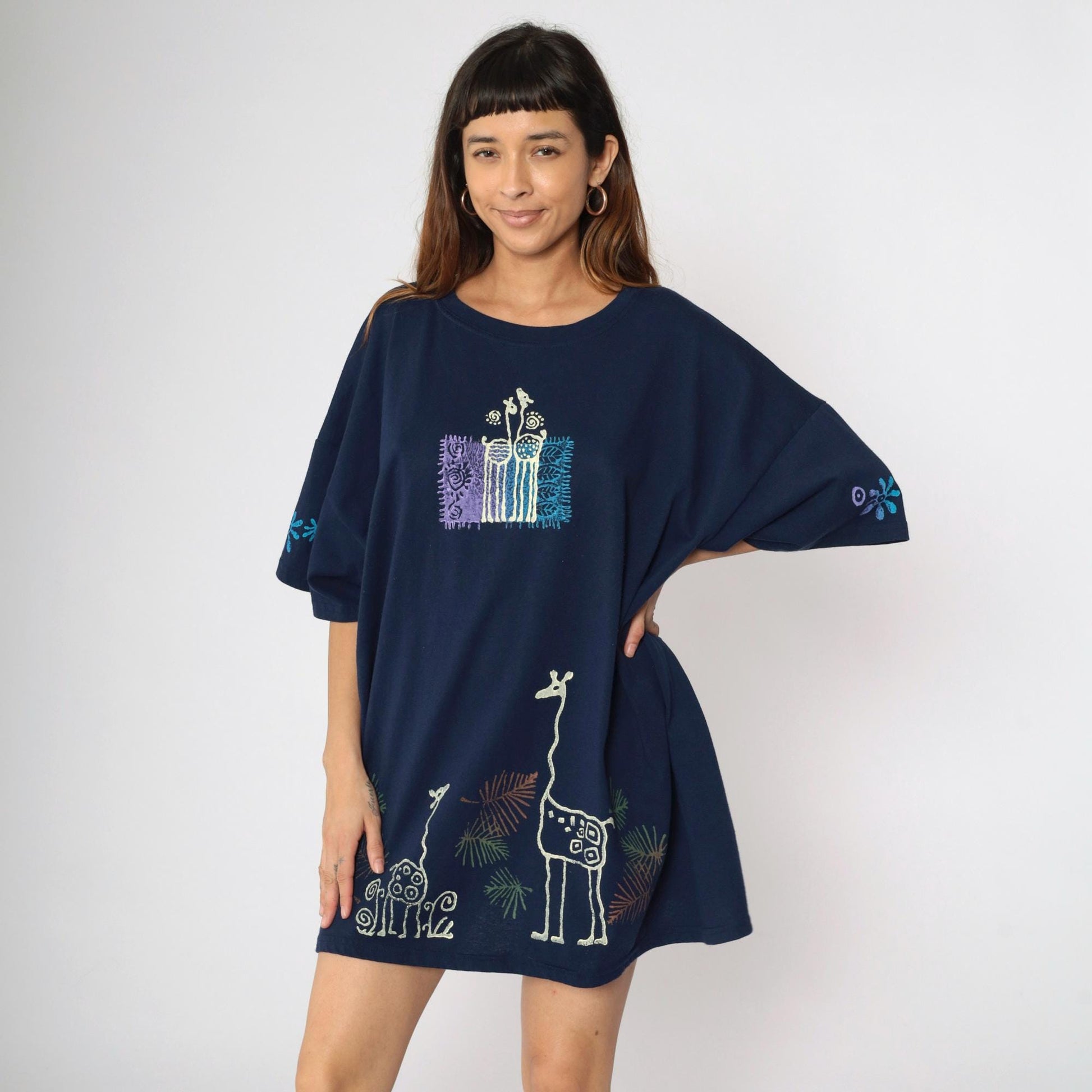 90s Giraffe Print T-Shirt Dress Navy Blue Graphic Mini Plus Size XXL