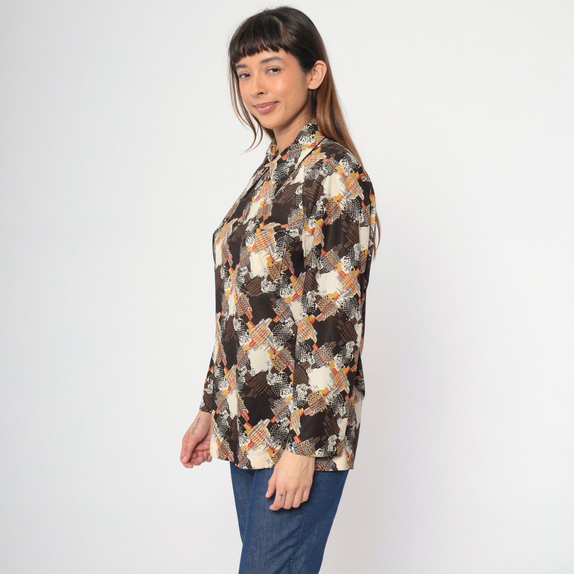 70s Abstract Print Blouse Brown Beige Orange Blue Zip Front Collared Large L