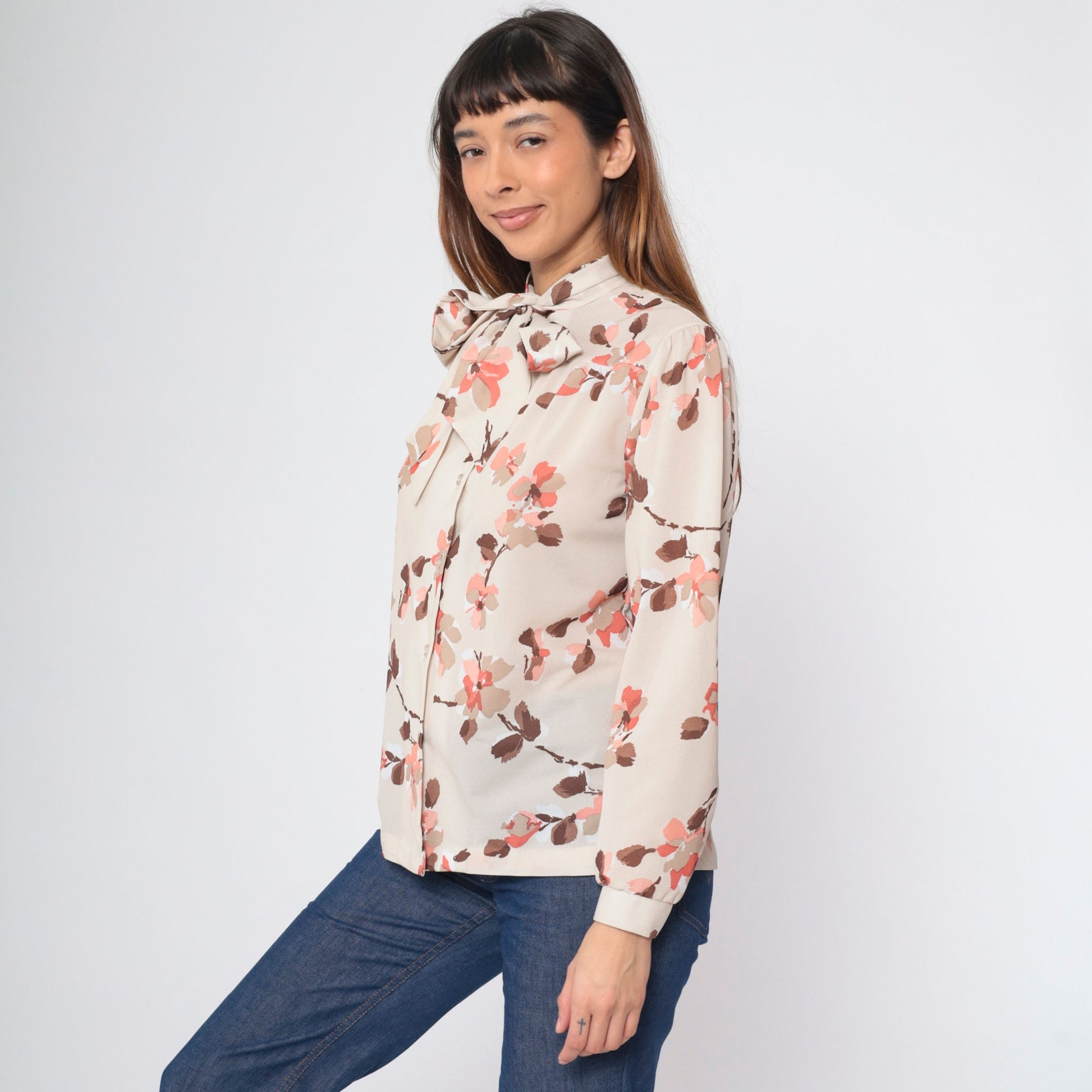 70s Floral Taupe Ascot Blouse Button-Up Long Sleeve Shirt Medium