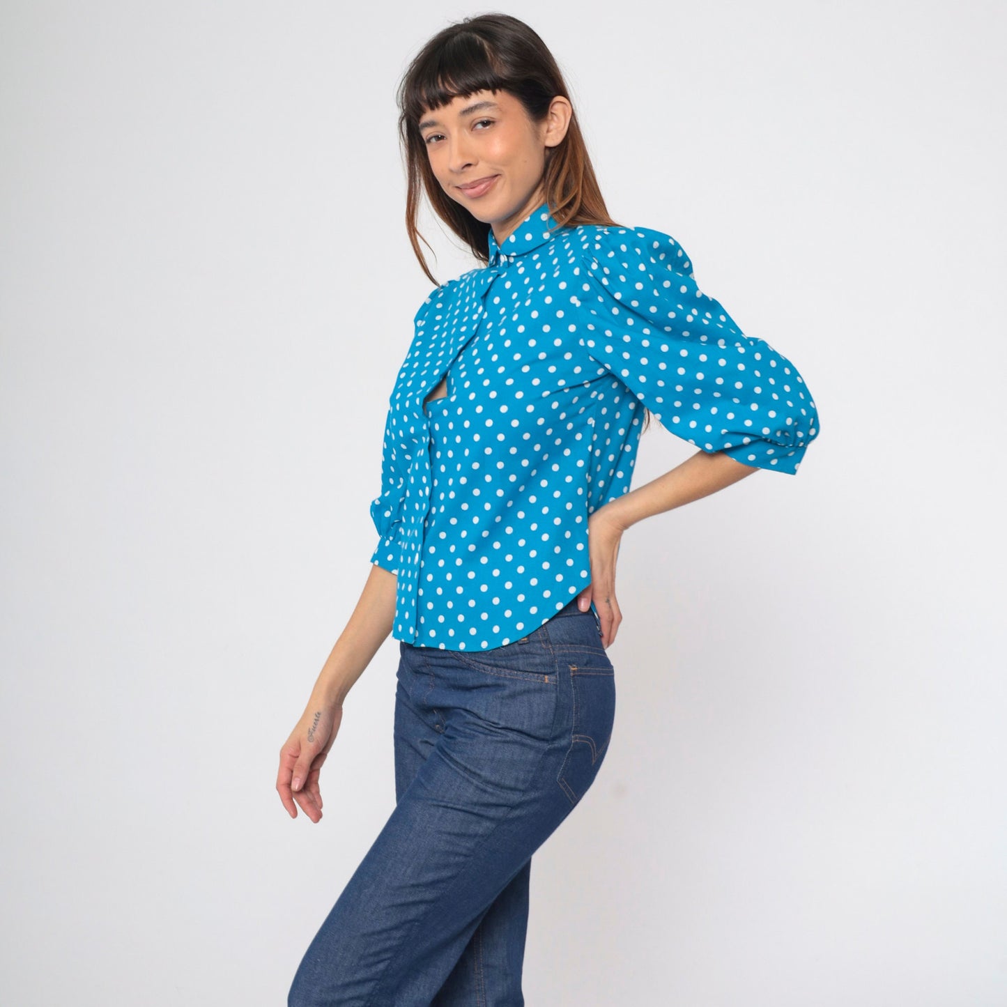 80s Bright Blue Polka Dot Puff Sleeve Button Up Blouse Small S