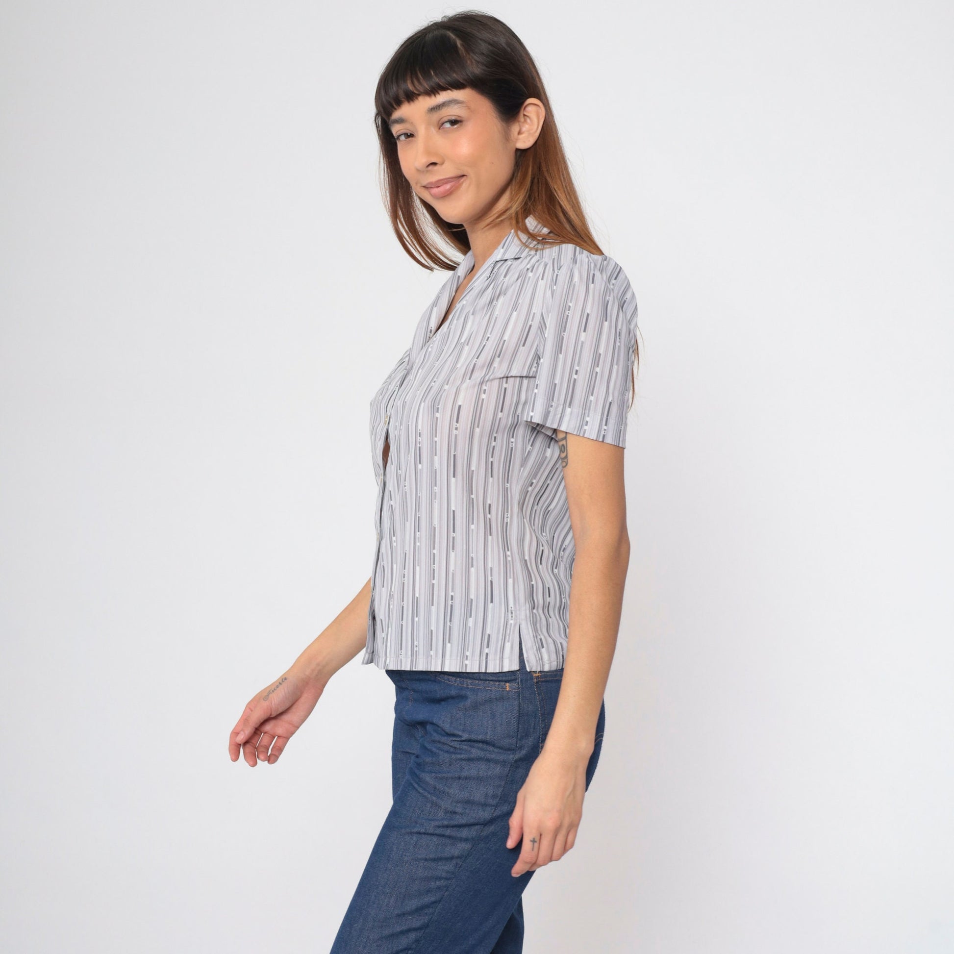 70s Puff Sleeve Button-Up Blouse Grey Broken Stripe Shirt Small S