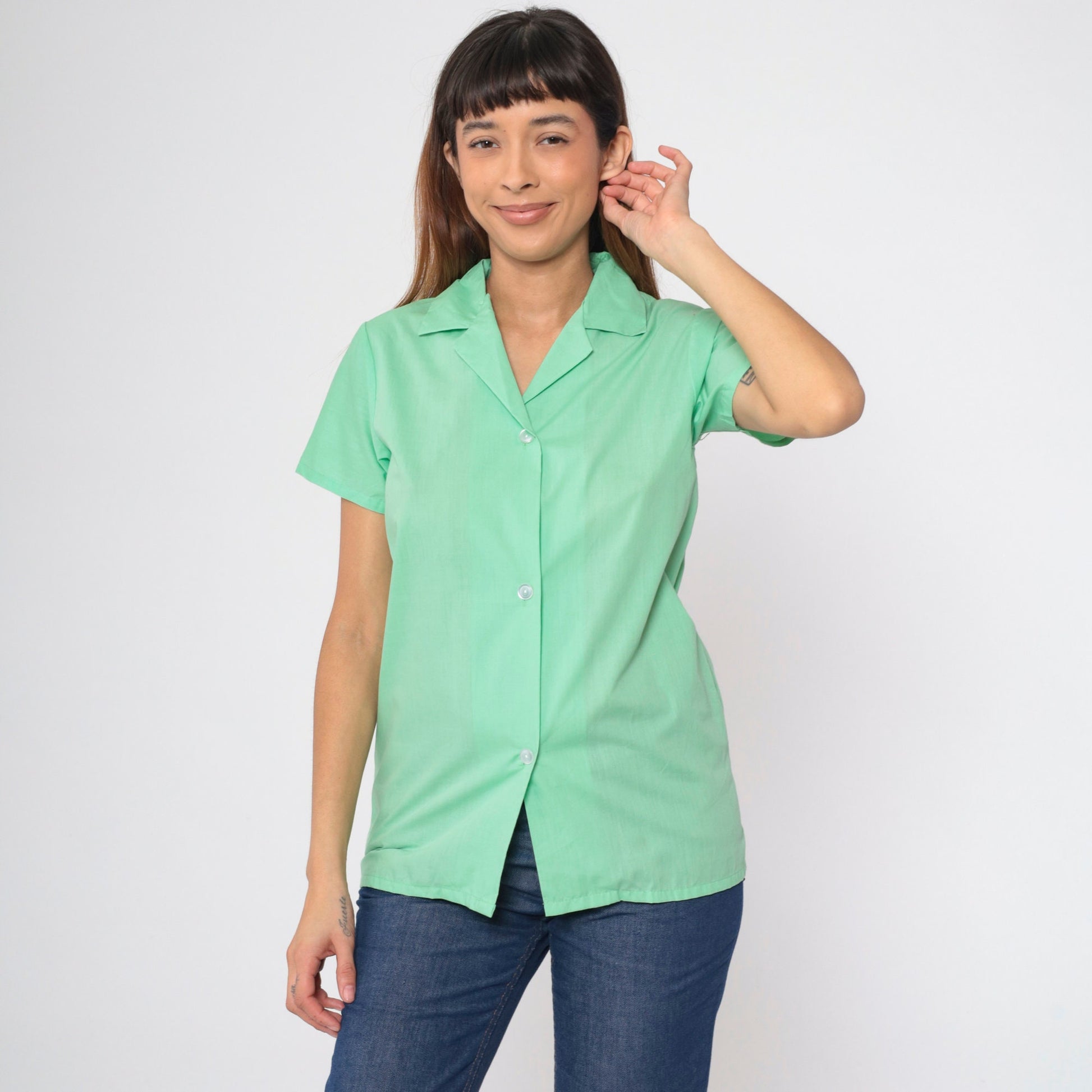 70s Mint Green Button Up Shirt Short Sleeve Sears Blouse Extra Small