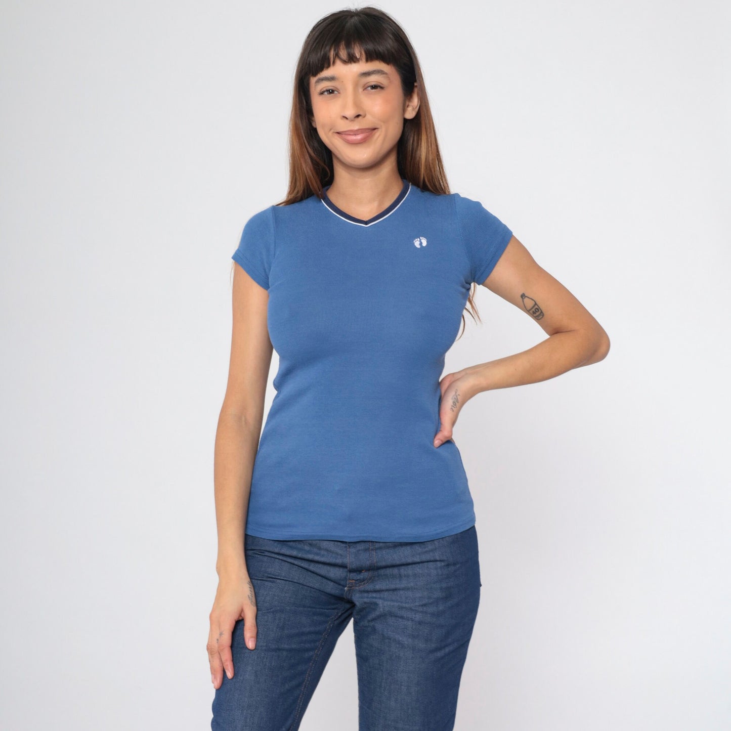90s Hang Ten Blue Ringer T-Shirt Footprint Logo Surf Tee Extra Small