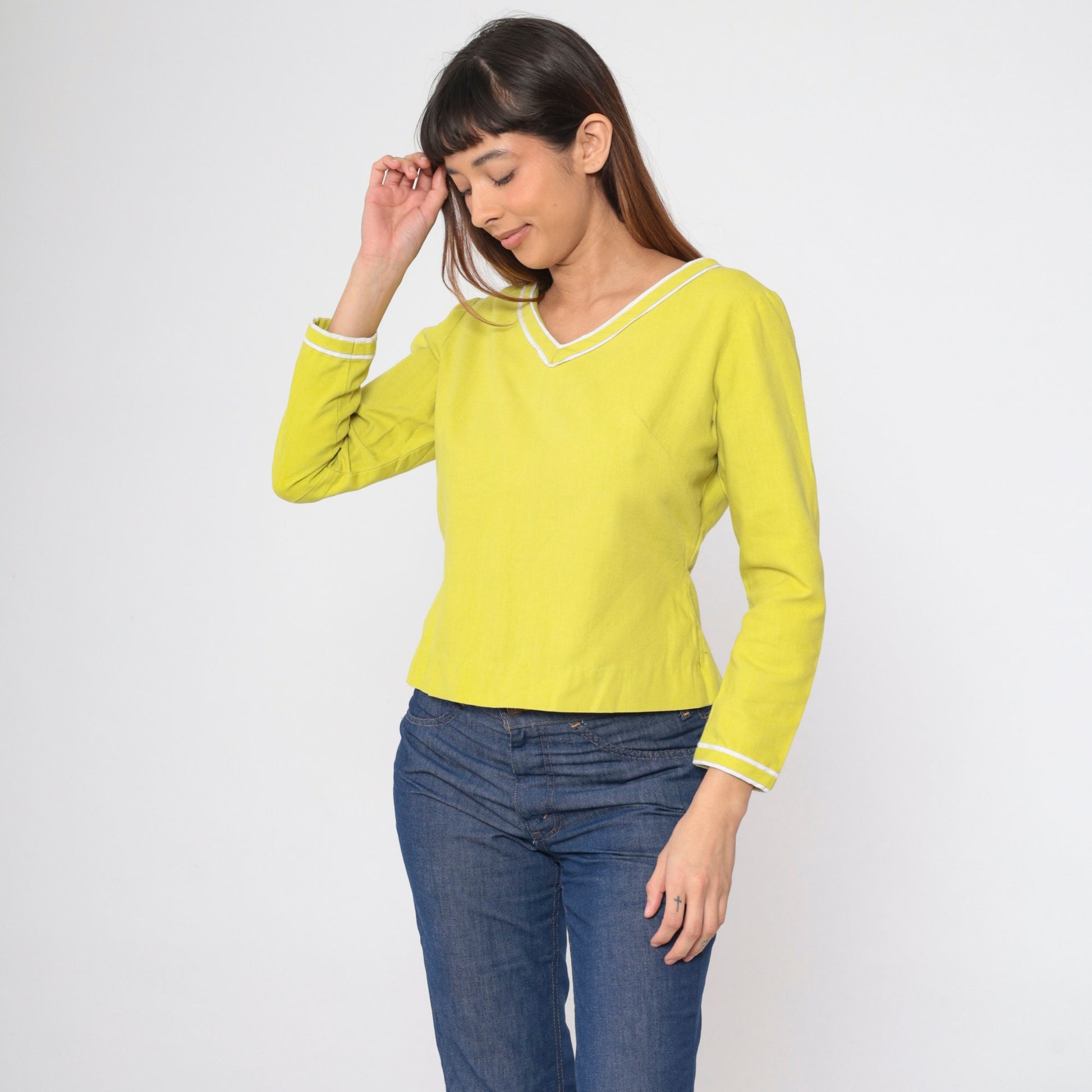 60s Young Edwardian Chartreuse Blouse Long Sleeve V-Neck Zipper Back Medium