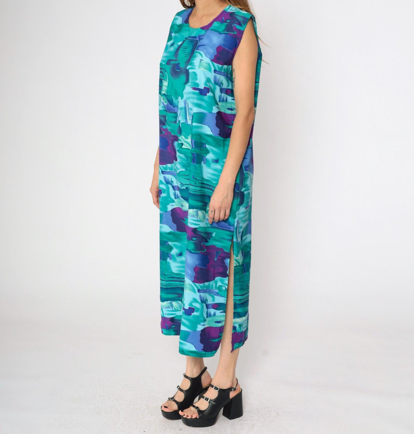 90s Abstract Watercolour Sundress Turquoise Purple Maxi Side Slit Large