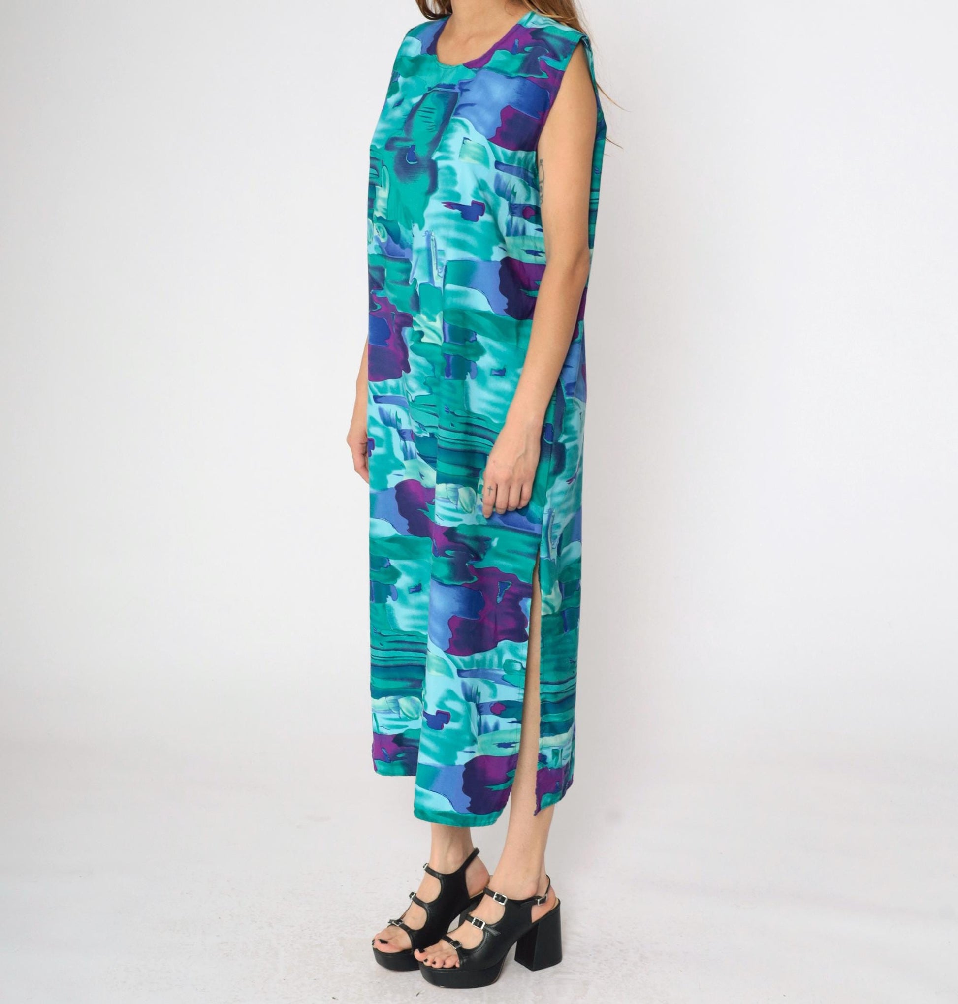 90s Abstract Watercolour Sundress Turquoise Purple Maxi Side Slit Large