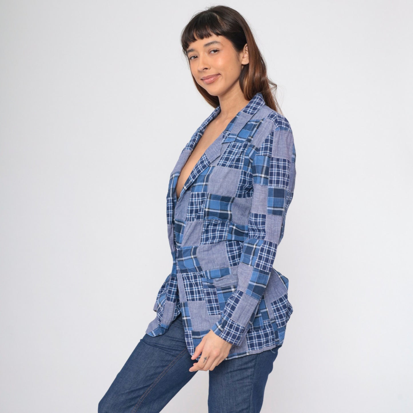 80s Clio Patchwork Plaid Blazer Blue Chambray V-Neck Button-Up Small