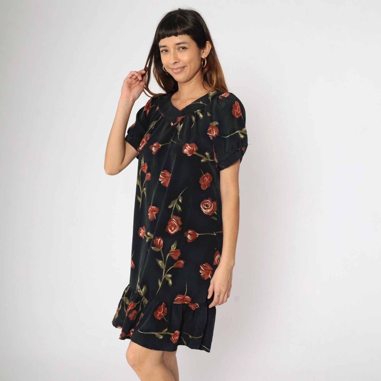 90s Black Floral Mini Dress Puff Sleeve A-Line Red Rose Print Medium