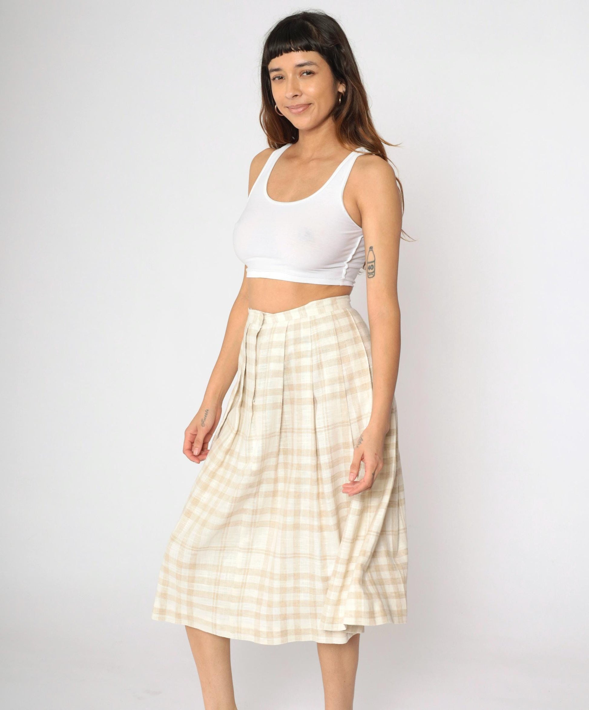 90s Tan Cream Plaid Pleated Midi Skirt High Waist Small