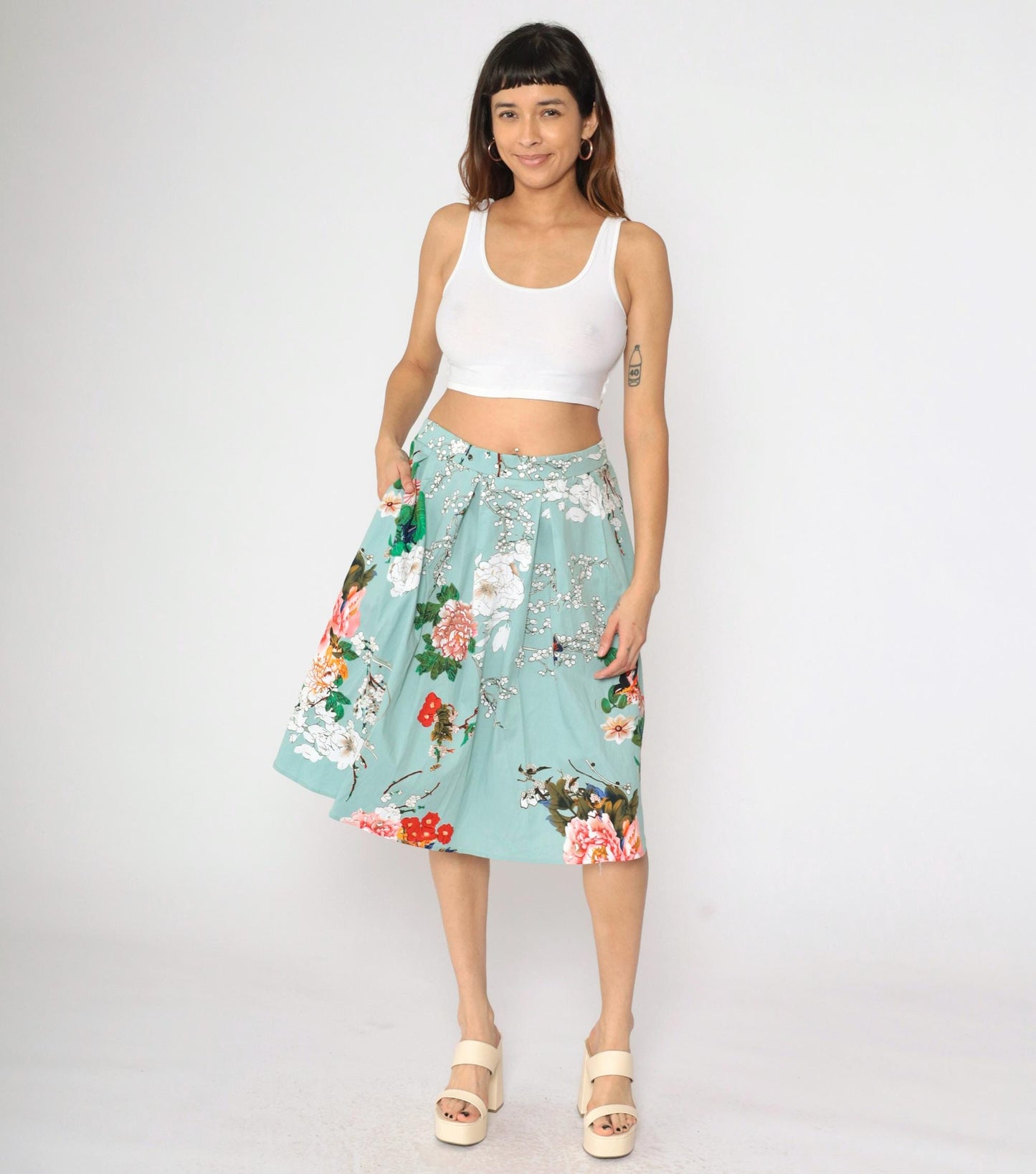 90s Floral Butterfly Midi Skirt Seafoam High Waist Pleated Plus Size XXL