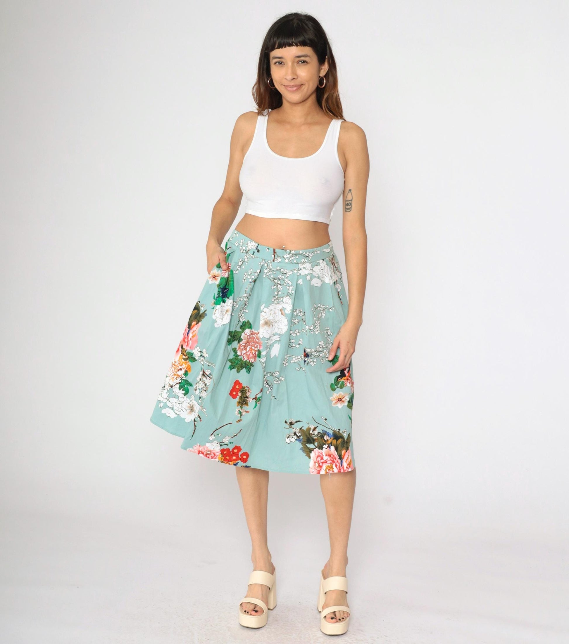 90s Floral Butterfly Midi Skirt Seafoam High Waist Pleated Plus Size XXL