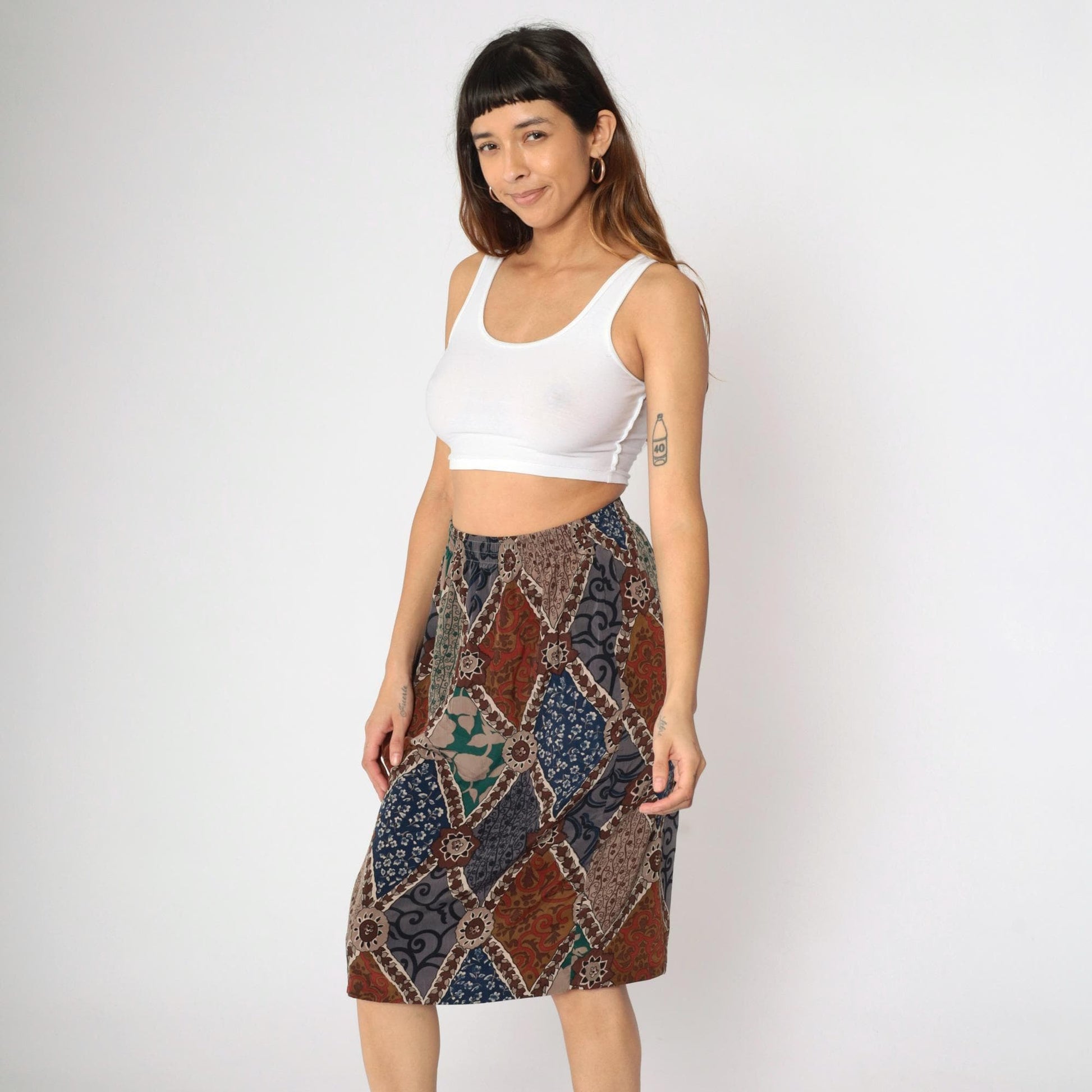 90s Patchwork Floral Midi Skirt High Waist Pencil Cut Red Grey Blue Medium