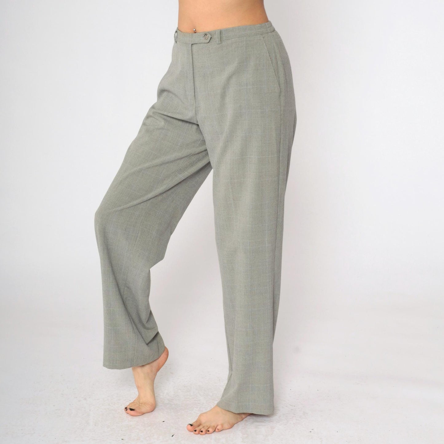 90s Grey Plaid Straight Leg Trousers High Rise Vintage Kim Rogers Medium
