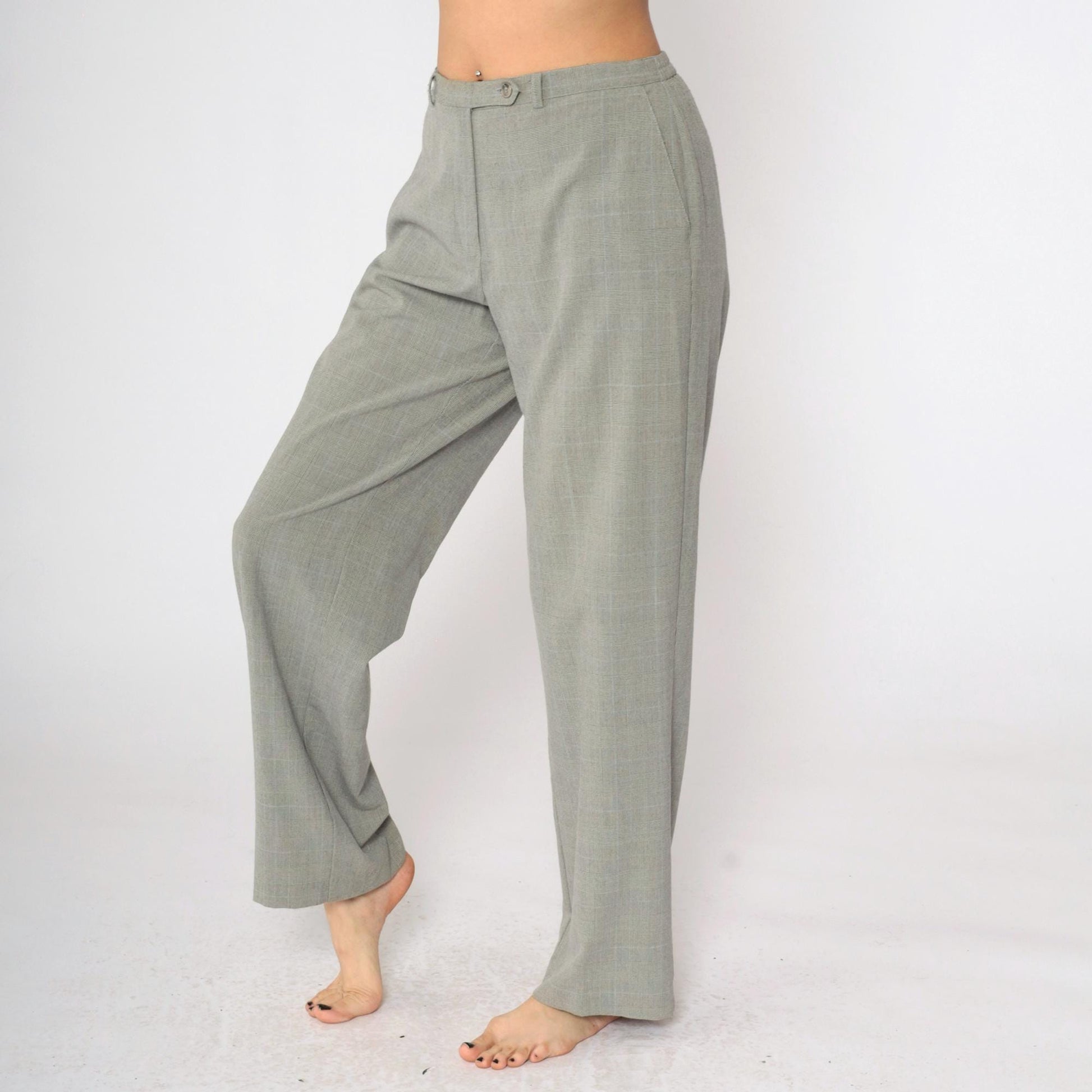 90s Grey Plaid Straight Leg Trousers High Rise Vintage Kim Rogers Medium