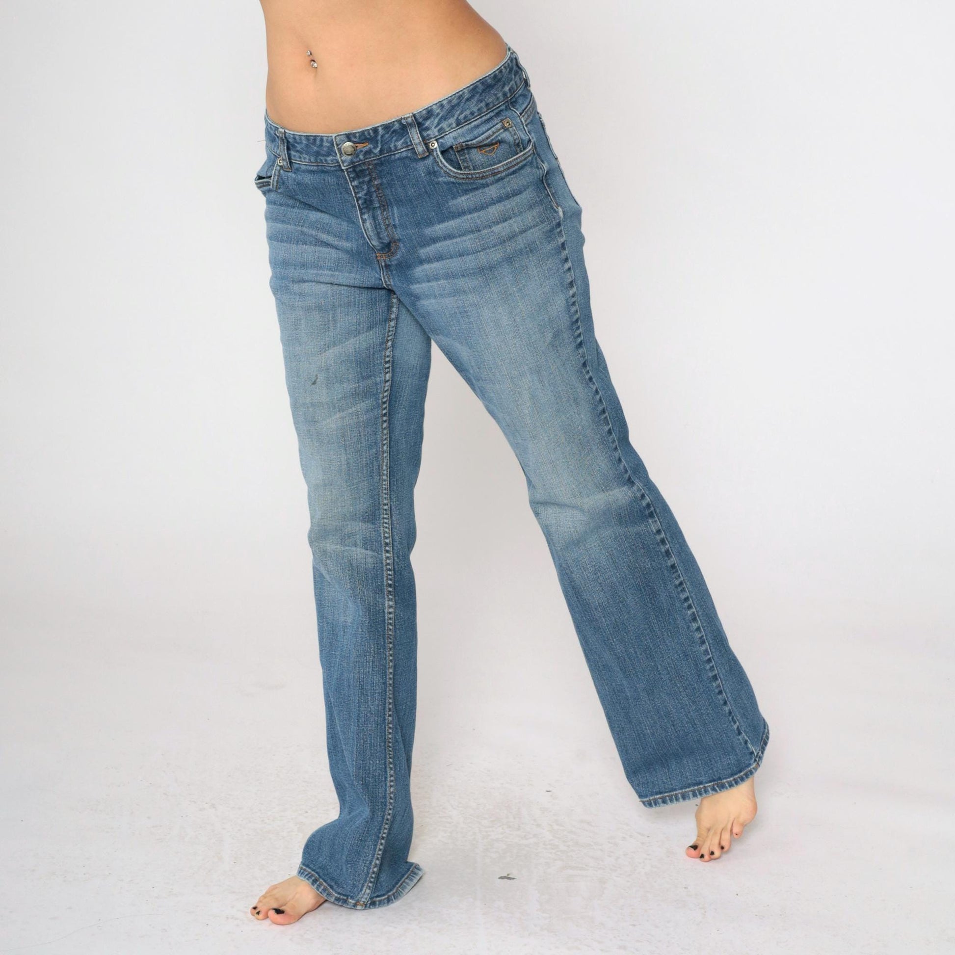 Harley Davidson Y2K Medium Wash Flared Jeans Mid Rise Bootcut Long 14