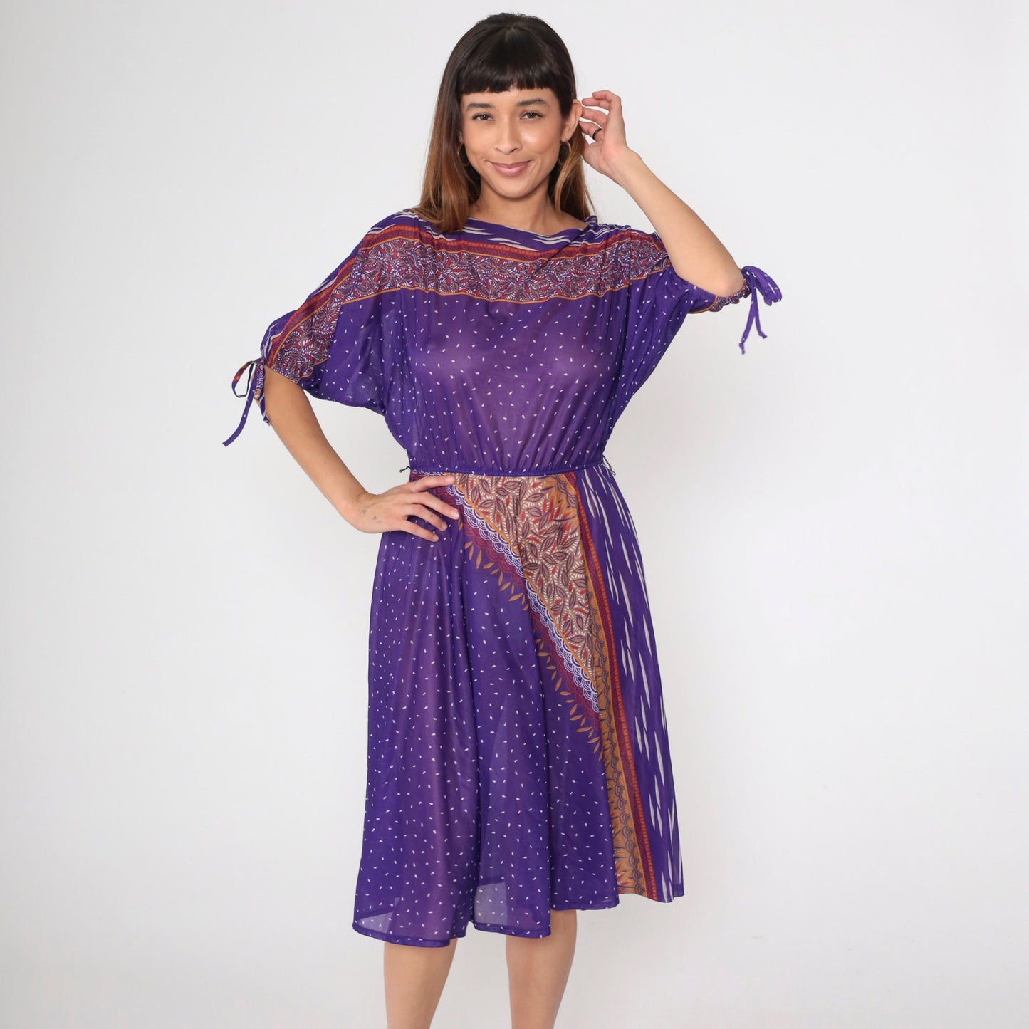 70s Purple Leaf Print Midi Dress Dolman Tie Sleeves Elastic Waist Small Medium