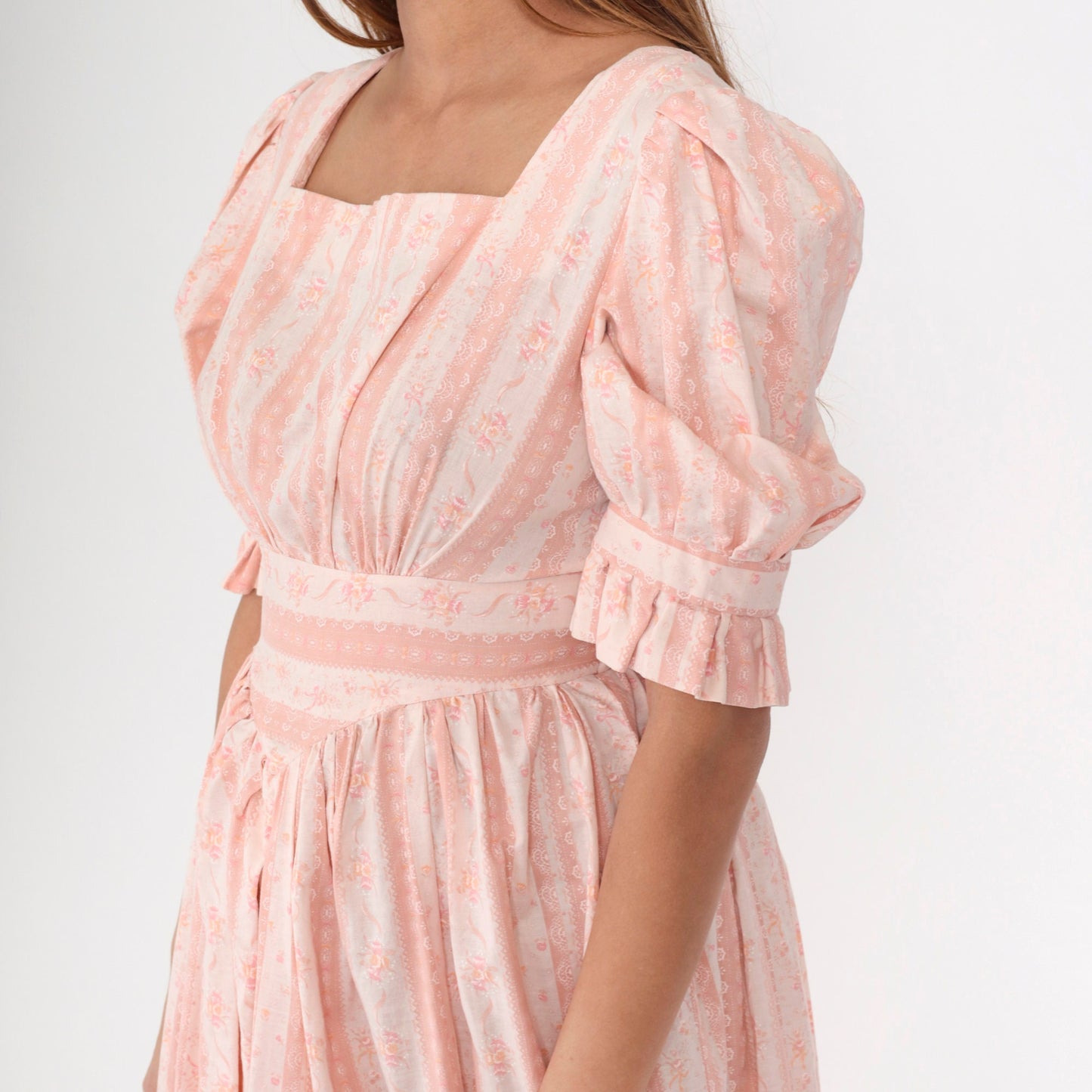 70s Pink Floral Midi Dress Puff Sleeve High Waist Small